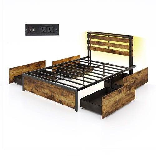 Full/Queen/Twin Size Bed Frame with Drawers LED Lights and USB Ports-Full Size