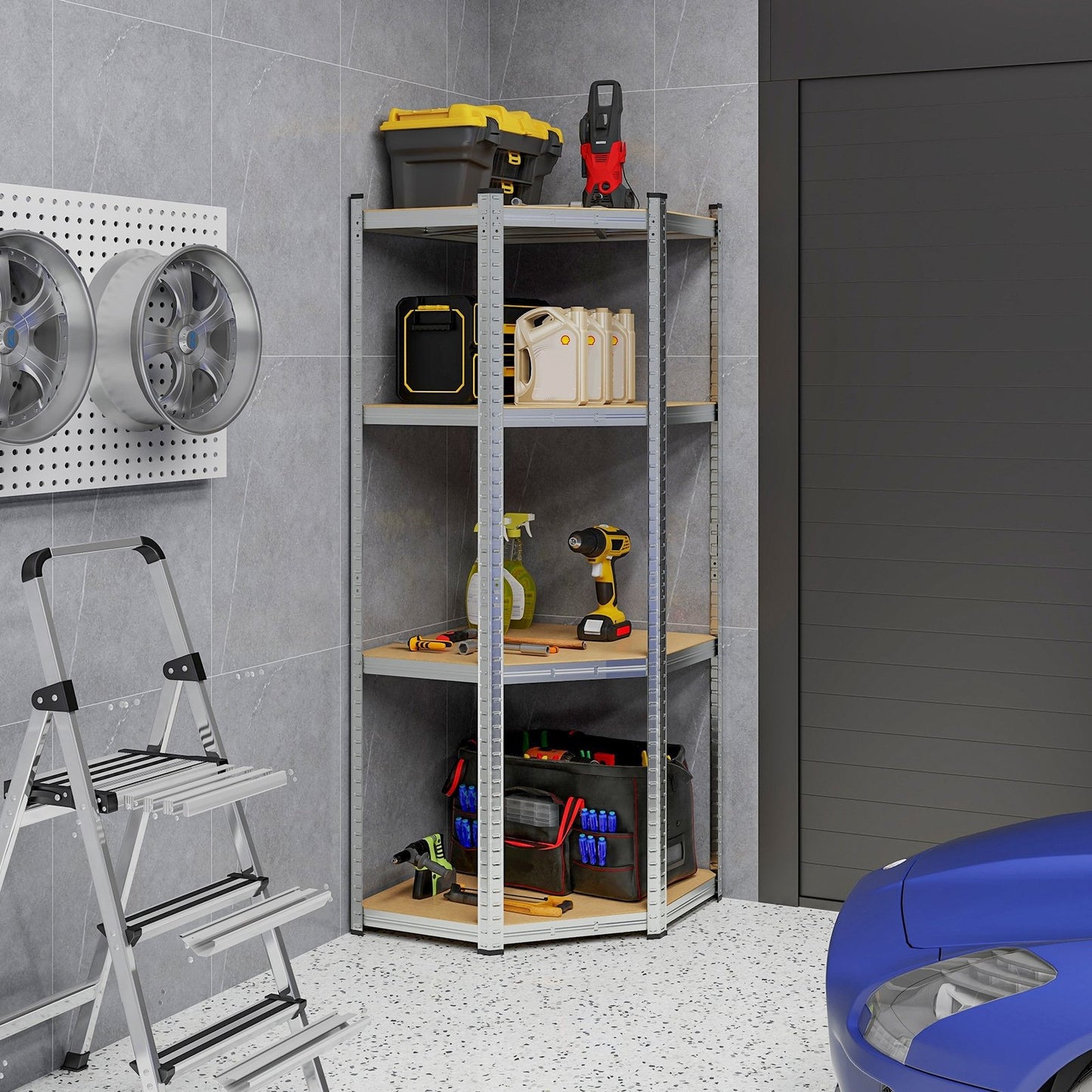 4-Tier Corner Shelving Unit Adjustable Garage Storage Utility Rack for Warehouse, Silver Garages   at Gallery Canada