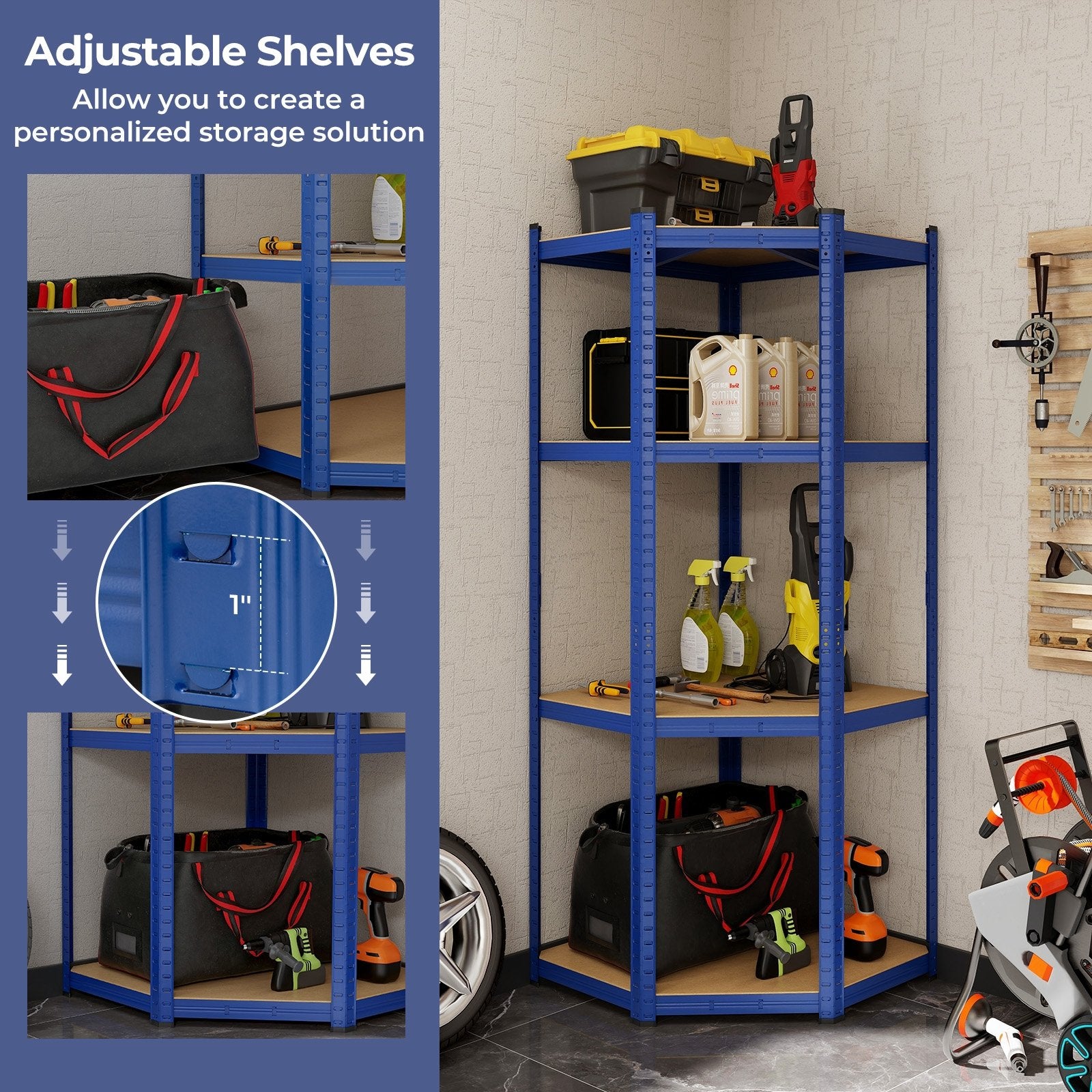 4-Tier Corner Shelving Unit Adjustable Garage Storage Utility Rack for Warehouse, Blue Garages   at Gallery Canada