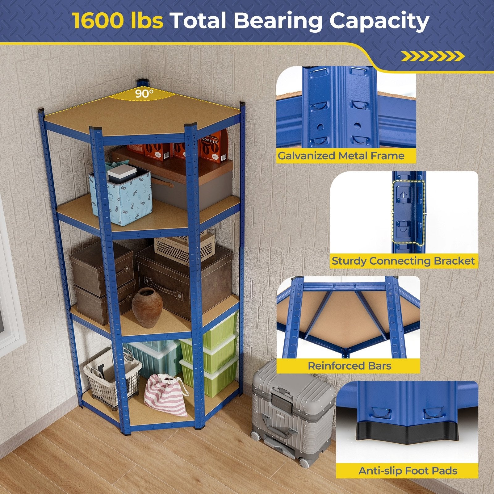 4-Tier Corner Shelving Unit Adjustable Garage Storage Utility Rack for Warehouse, Blue Garages   at Gallery Canada