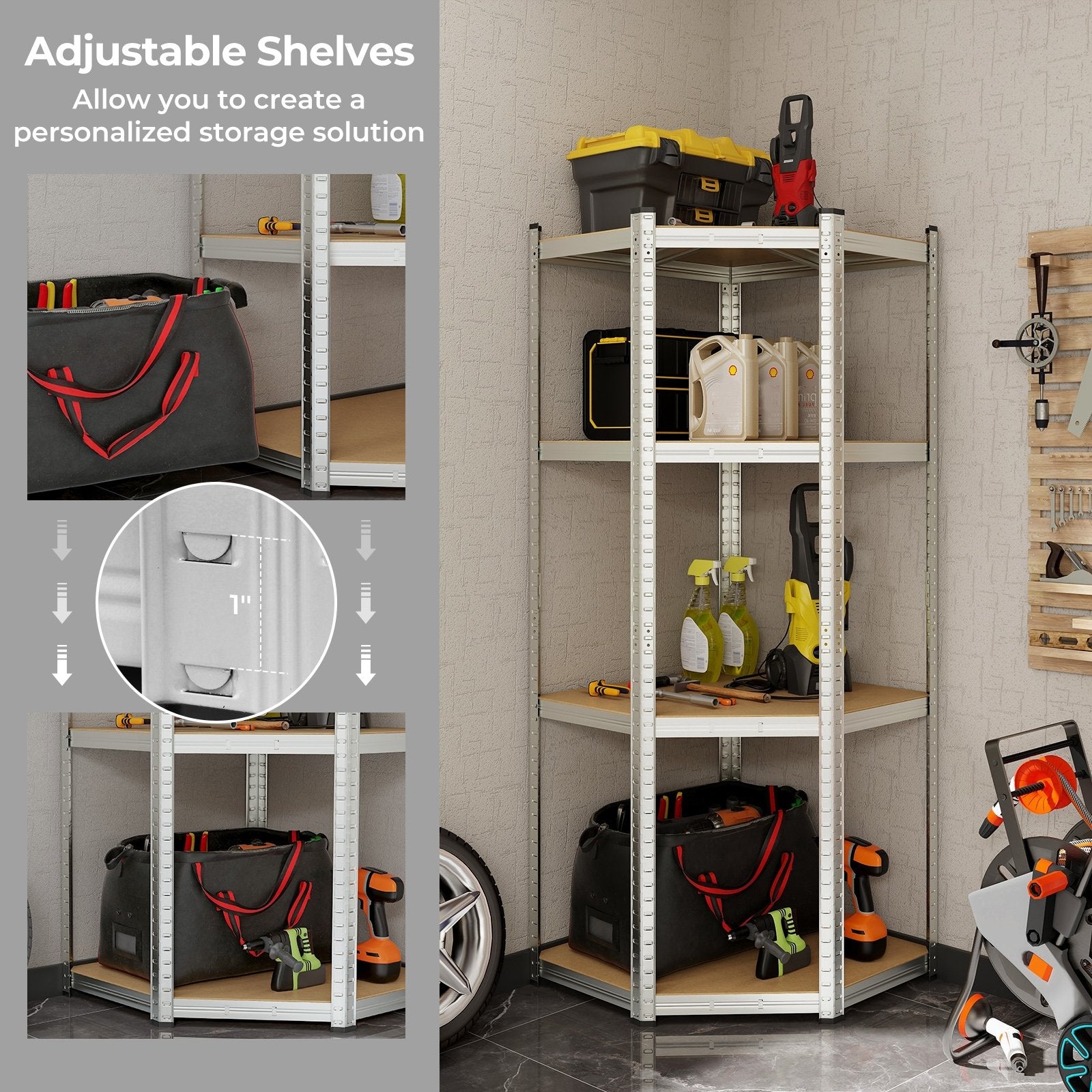 4-Tier Corner Shelving Unit Adjustable Garage Storage Utility Rack for Warehouse, Silver Garages   at Gallery Canada