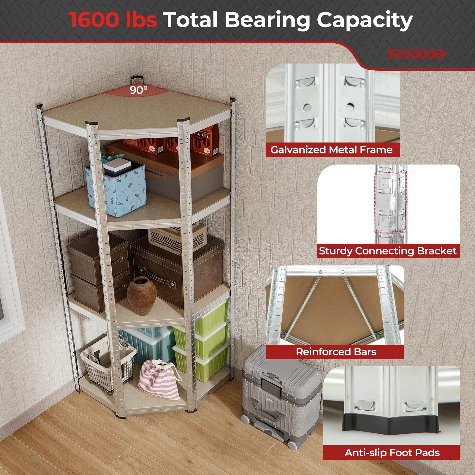 4-Tier Corner Shelving Unit Adjustable Garage Storage Utility Rack for Warehouse, Silver Garages   at Gallery Canada