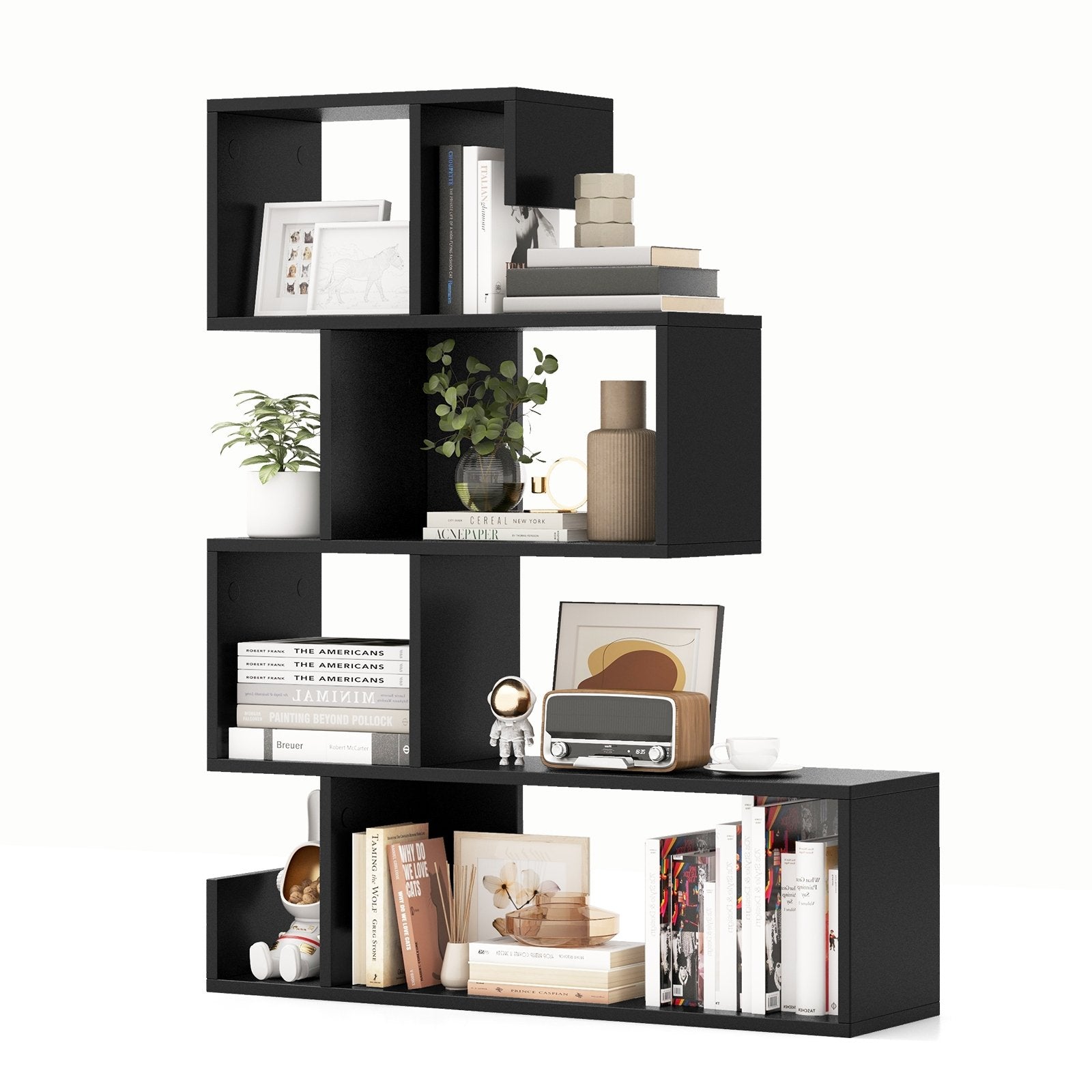 5-Tier S-Shaped Bookshelf Geometric Z-Shelf Bookcase with Open Cubes, Black Bookcases   at Gallery Canada