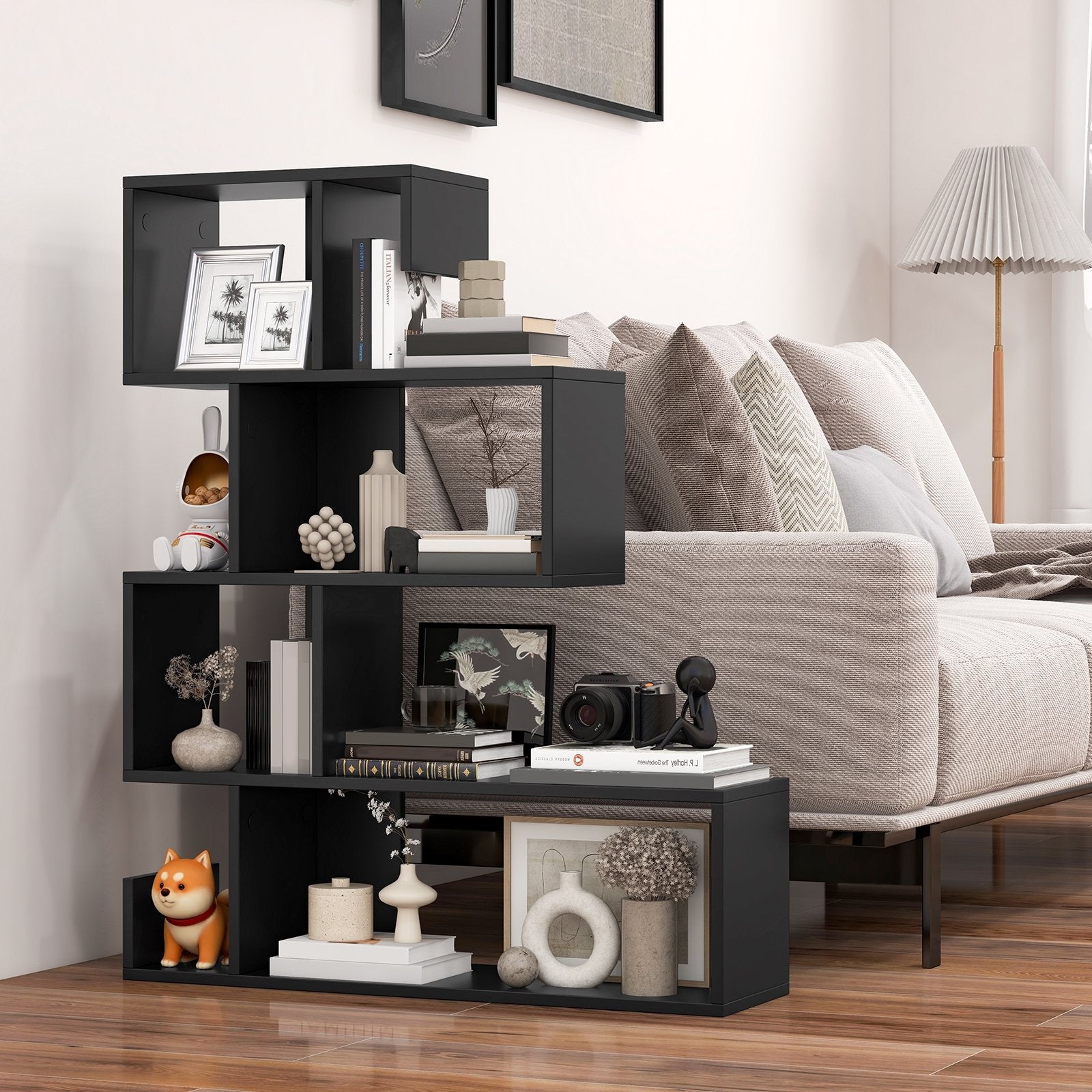 5-Tier S-Shaped Bookshelf Geometric Z-Shelf Bookcase with Open Cubes, Black Bookcases   at Gallery Canada