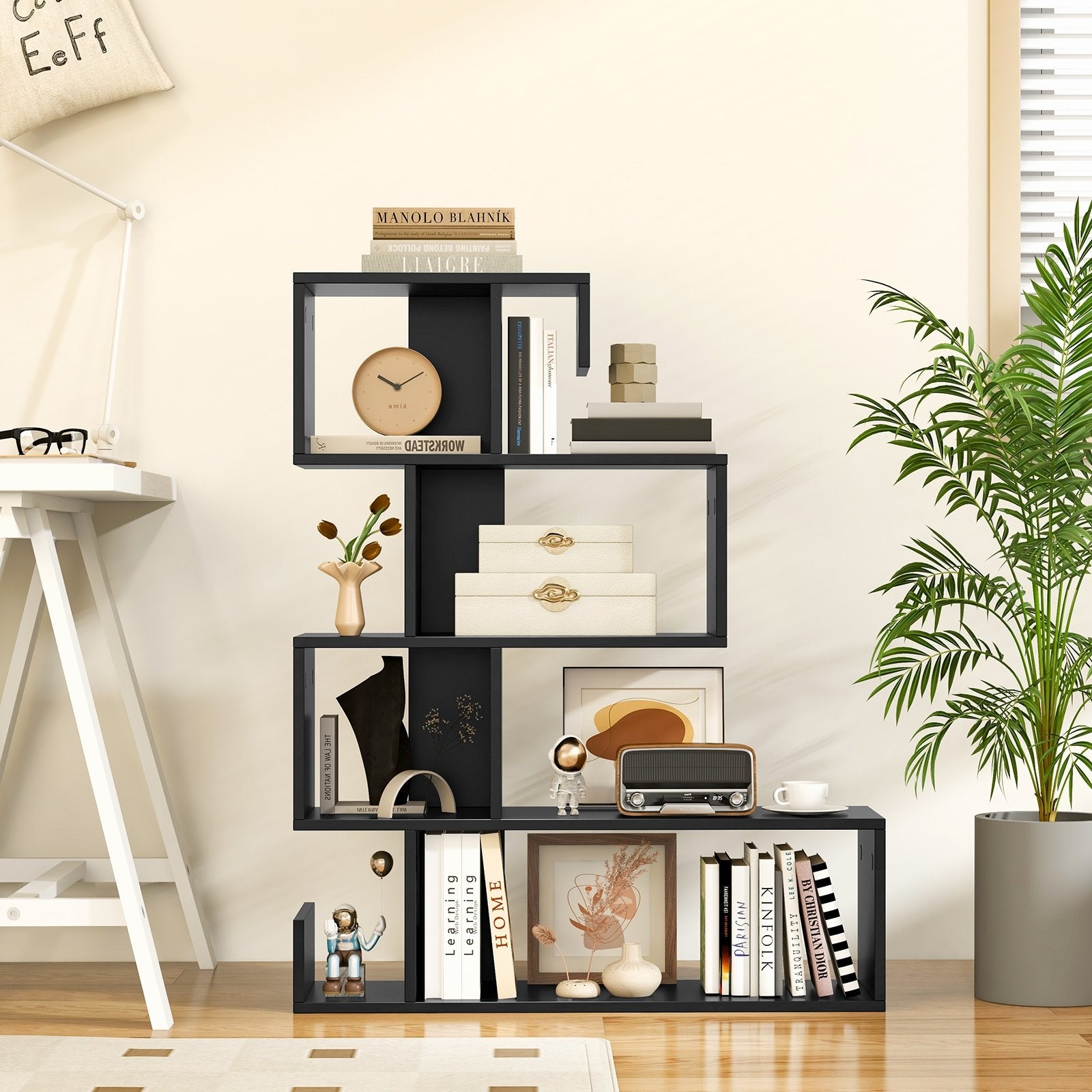 5-Tier S-Shaped Bookshelf Geometric Z-Shelf Bookcase with Open Cubes, Black Bookcases   at Gallery Canada