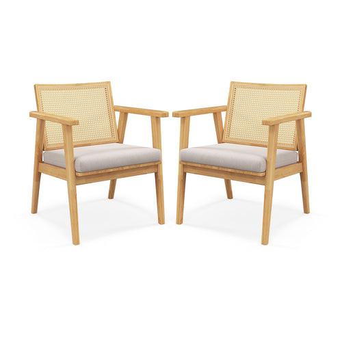 Mid Century Modern Accent Chairs Set of 2 with Breathable Rattan Back, Natural