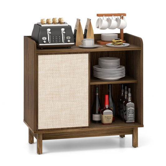 Rattan Buffet Sideboard Mid Century Floor Storage Cabinet with Sliding Door and Adjustable Shelves, Walnut Sideboards Cabinets & Buffets   at Gallery Canada