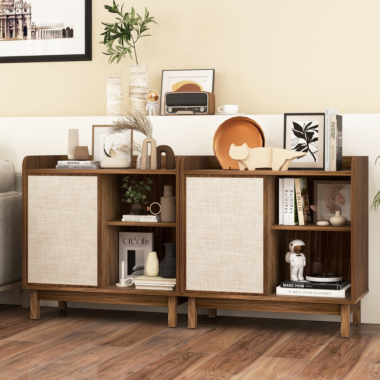 Rattan Buffet Sideboard Mid Century Floor Storage Cabinet with Sliding Door and Adjustable Shelves, Walnut Sideboards Cabinets & Buffets   at Gallery Canada