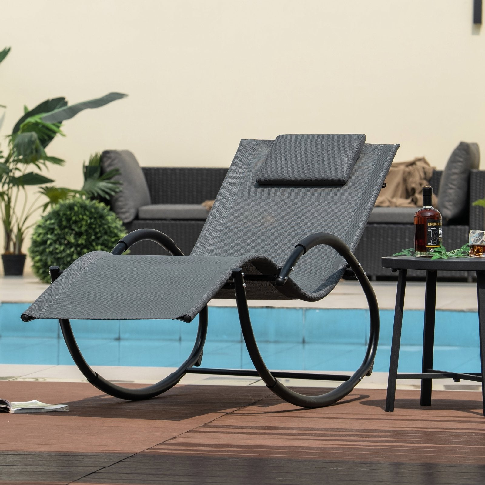 Outdoor Rocking Lounge Chair with Removable Headrest, Gray Patio Rocking Chairs & Gliders   at Gallery Canada