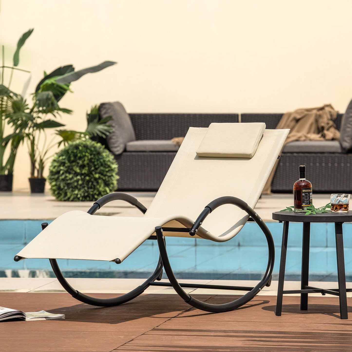 Outdoor Rocking Lounge Chair with Removable Headrest, Beige Patio Rocking Chairs & Gliders   at Gallery Canada