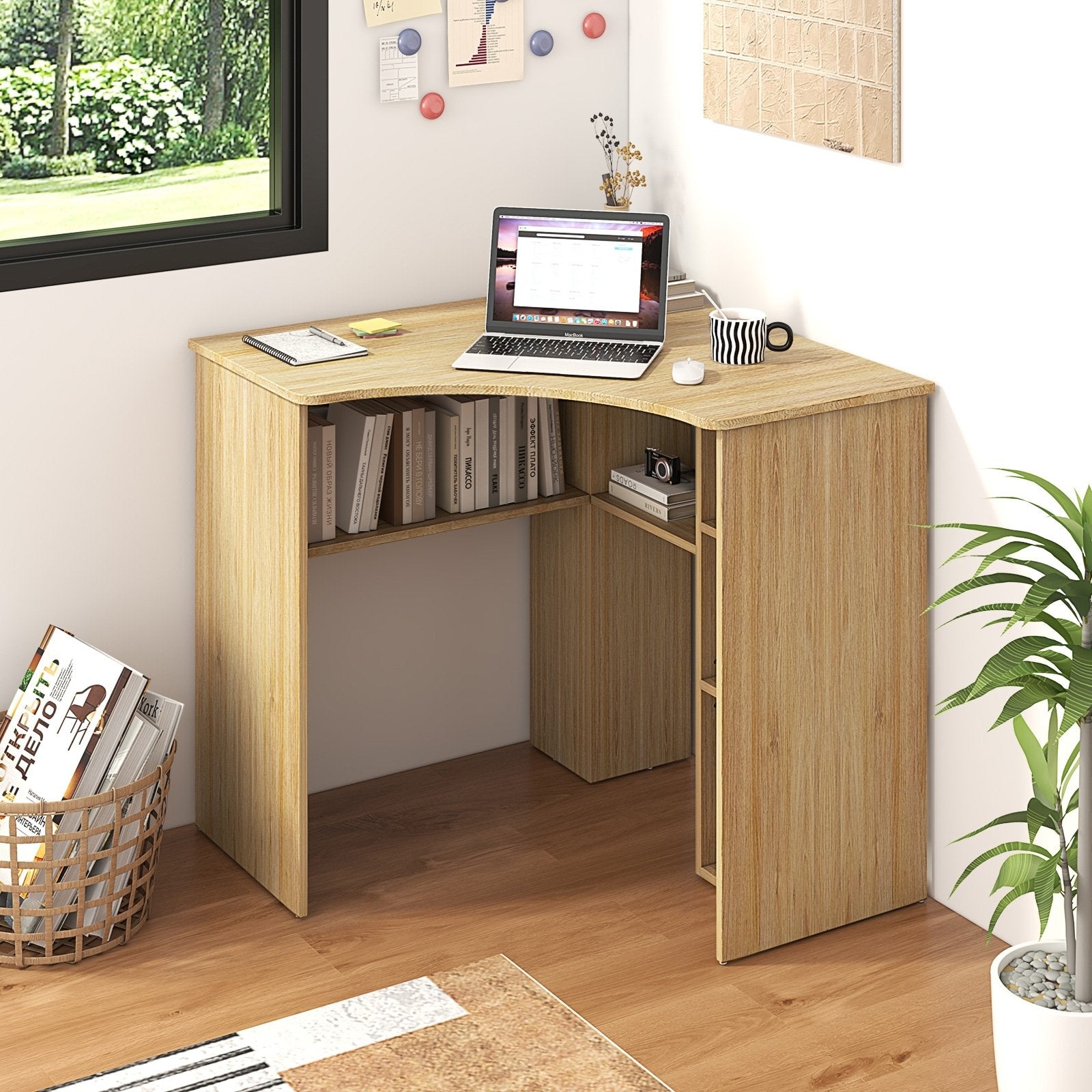 Corner Computer Desk Triangle Home Office Desk with Adjustable Shelf and Arc-Shaped Profile, Natural Computer Desks   at Gallery Canada