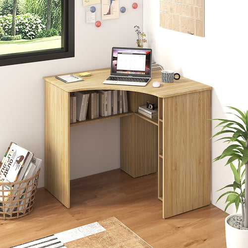 Corner Computer Desk Triangle Home Office Desk with Adjustable Shelf and Arc-Shaped Profile, Natural