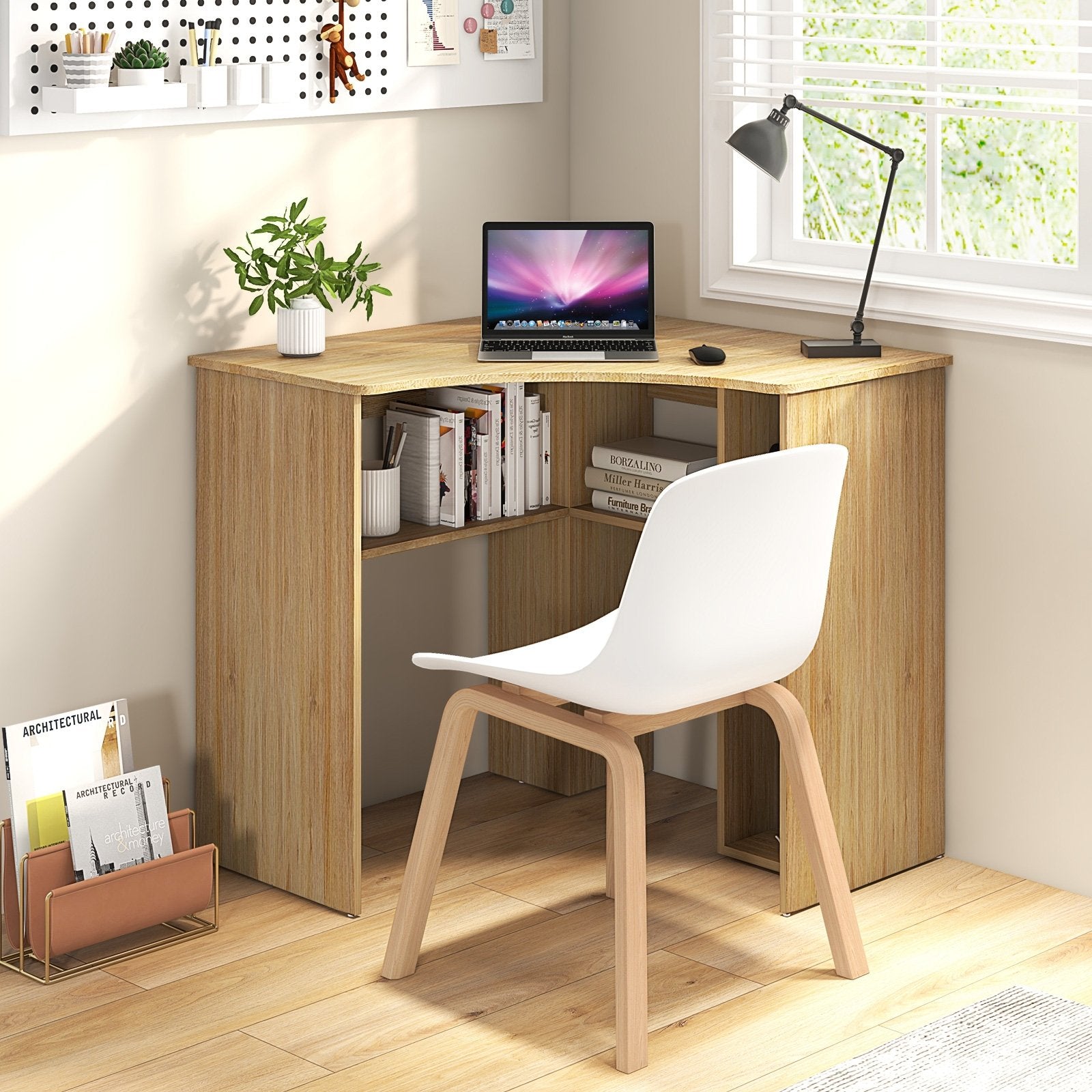 Corner Computer Desk Triangle Home Office Desk with Adjustable Shelf and Arc-Shaped Profile, Natural Computer Desks   at Gallery Canada