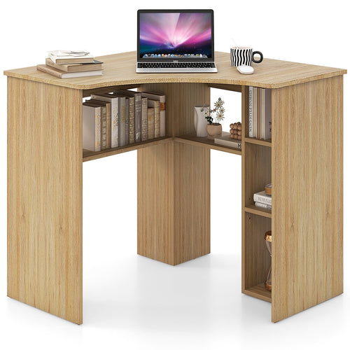 Corner Computer Desk Triangle Home Office Desk with Adjustable Shelf and Arc-Shaped Profile, Natural