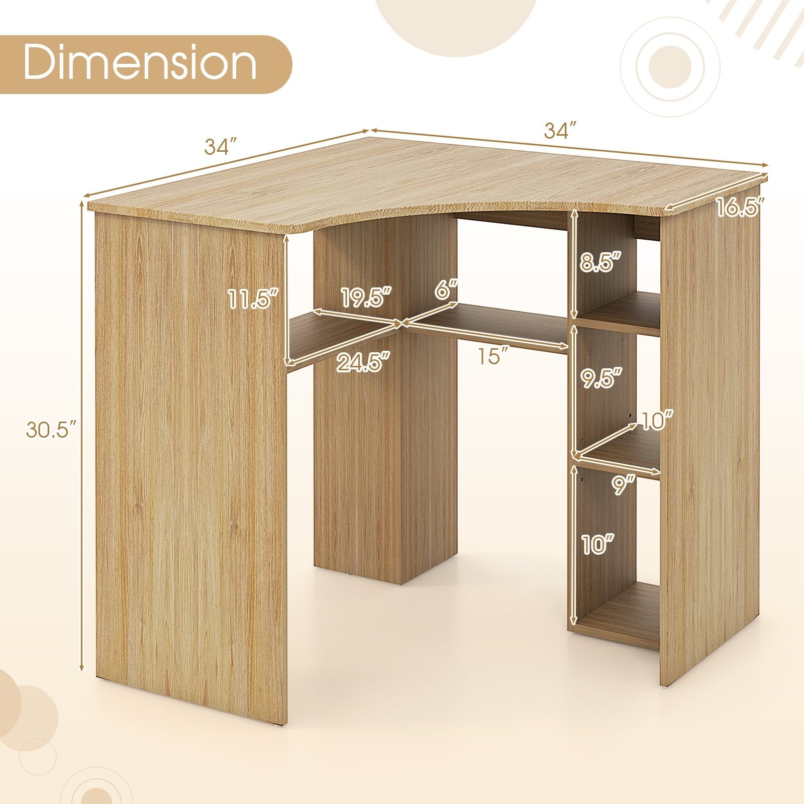 Corner Computer Desk Triangle Home Office Desk with Adjustable Shelf and Arc-Shaped Profile, Natural Computer Desks   at Gallery Canada