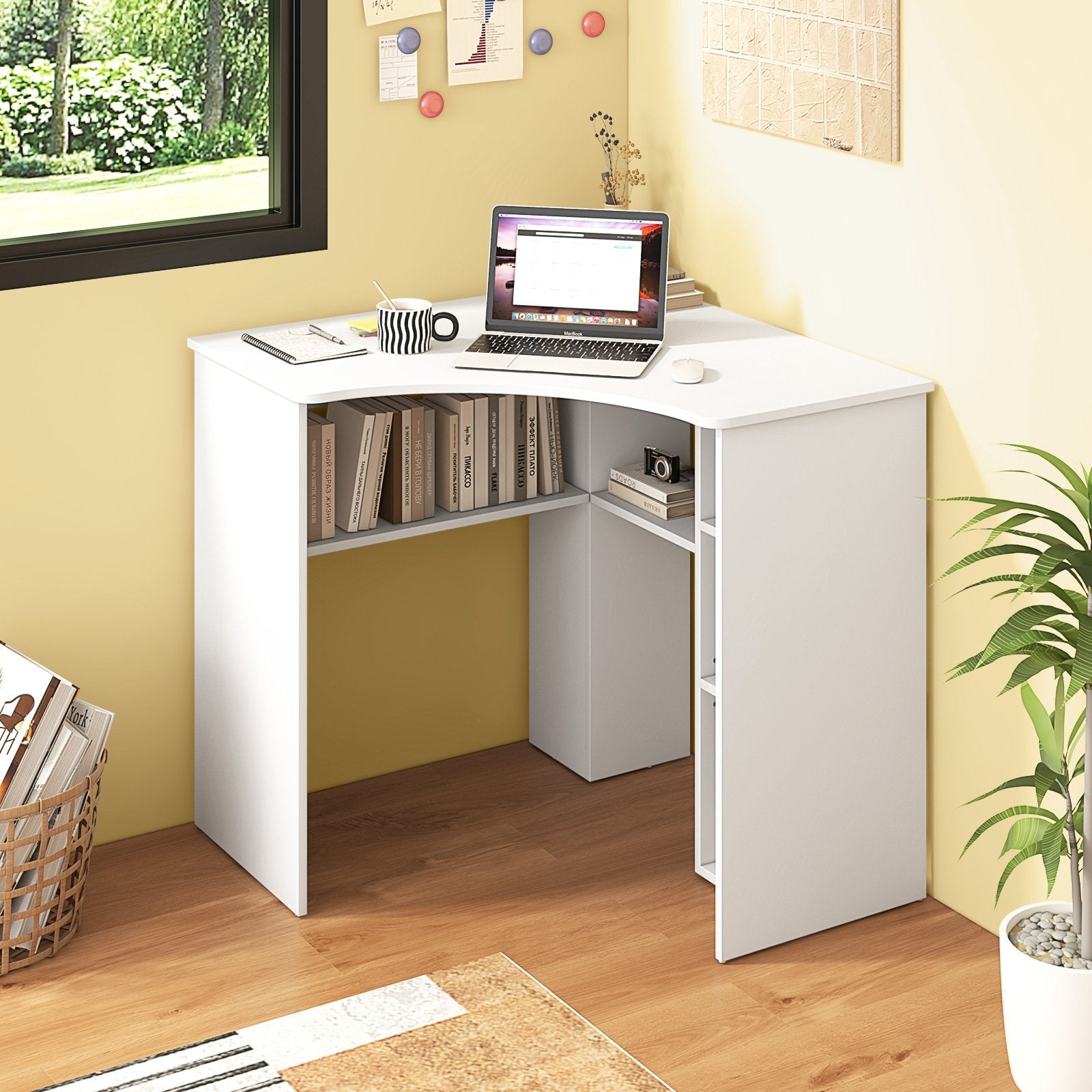 Corner Computer Desk Triangle Home Office Desk with Adjustable Shelf and Arc-Shaped Profile, White Computer Desks   at Gallery Canada