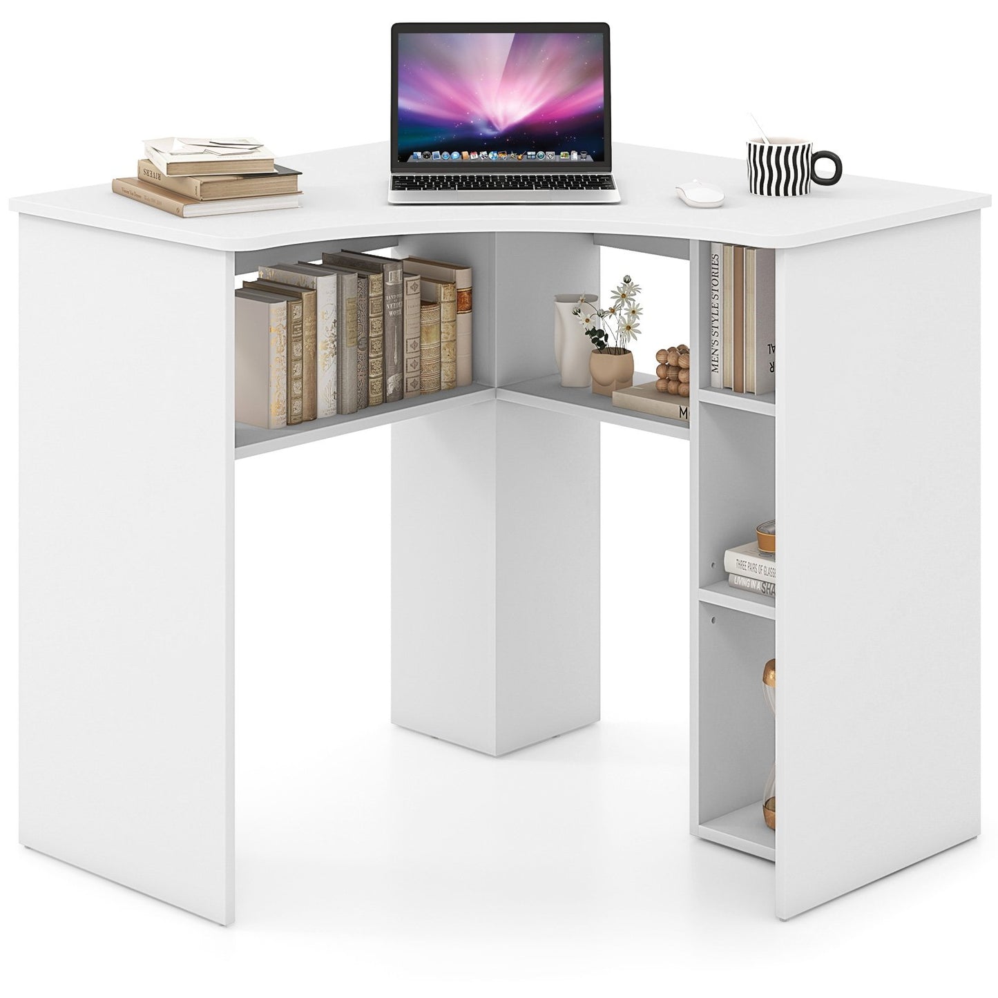 Corner Computer Desk Triangle Home Office Desk with Adjustable Shelf and Arc-Shaped Profile, White Computer Desks   at Gallery Canada