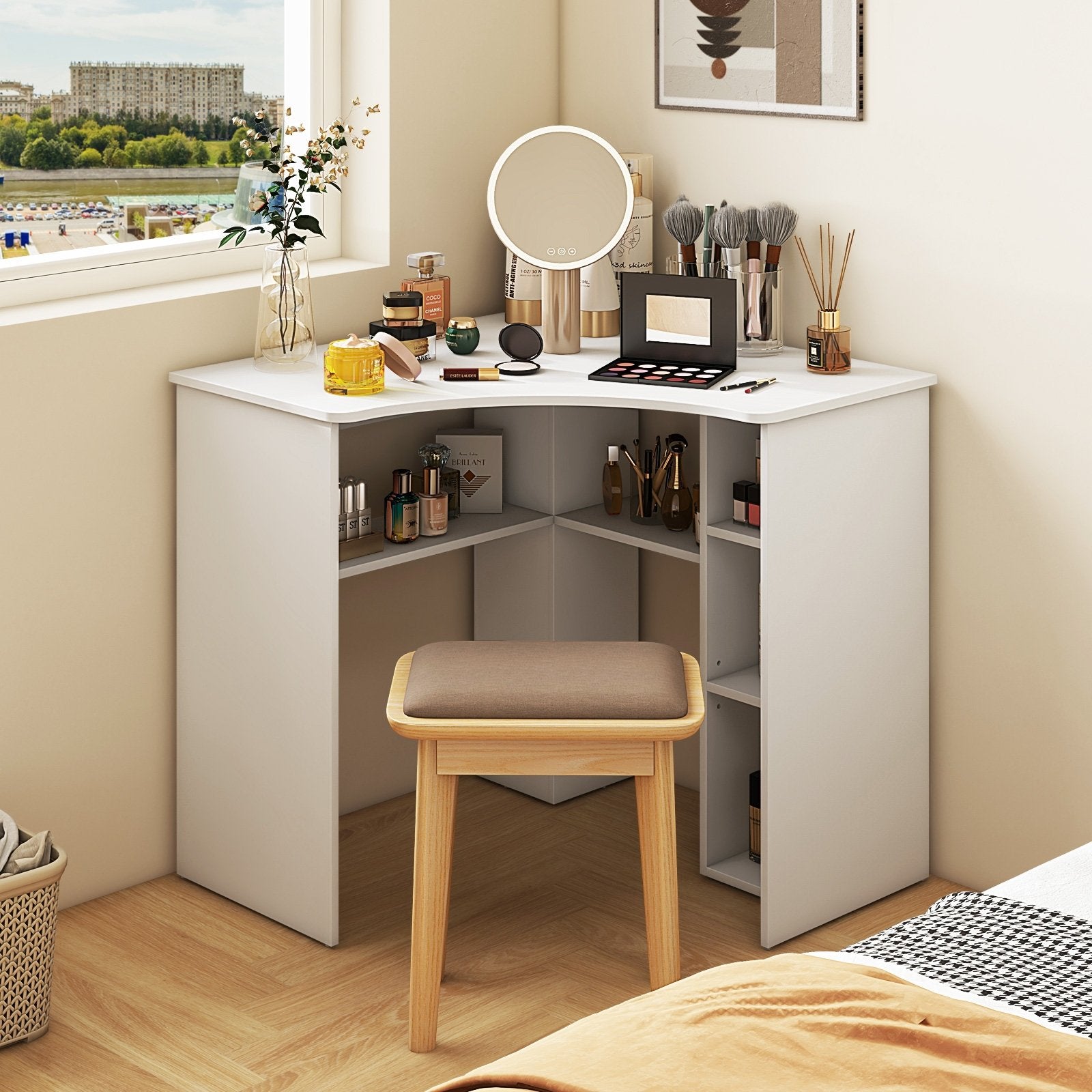 Corner Computer Desk Triangle Home Office Desk with Adjustable Shelf and Arc-Shaped Profile, White Computer Desks   at Gallery Canada