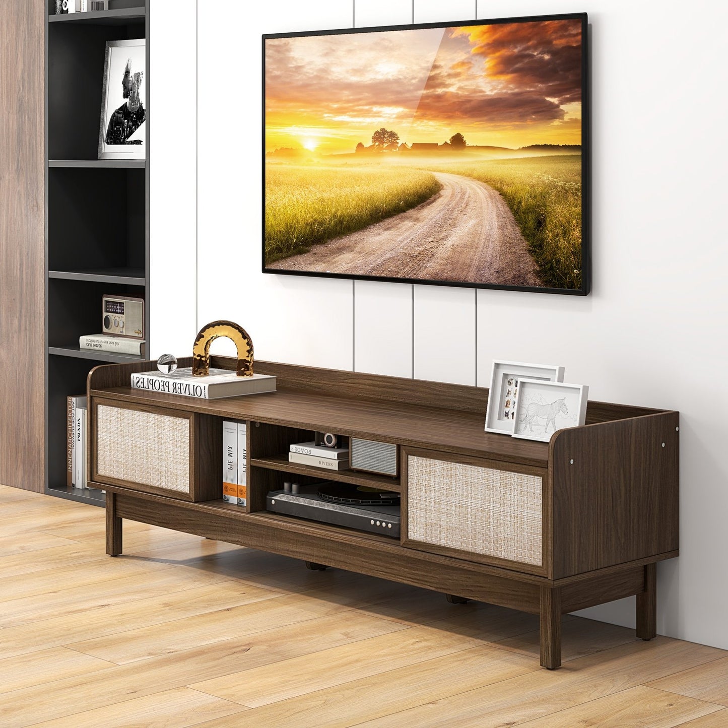 Sliding Door TV Stand for 65" TV with Woven Doors, Walnut Entertainment Centers & TV Stands   at Gallery Canada