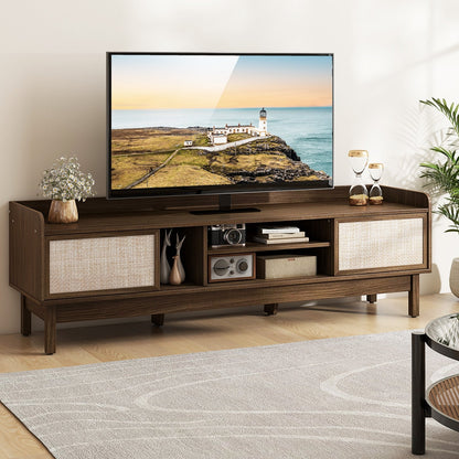 Sliding Door TV Stand for 65" TV with Woven Doors, Walnut Entertainment Centers & TV Stands   at Gallery Canada