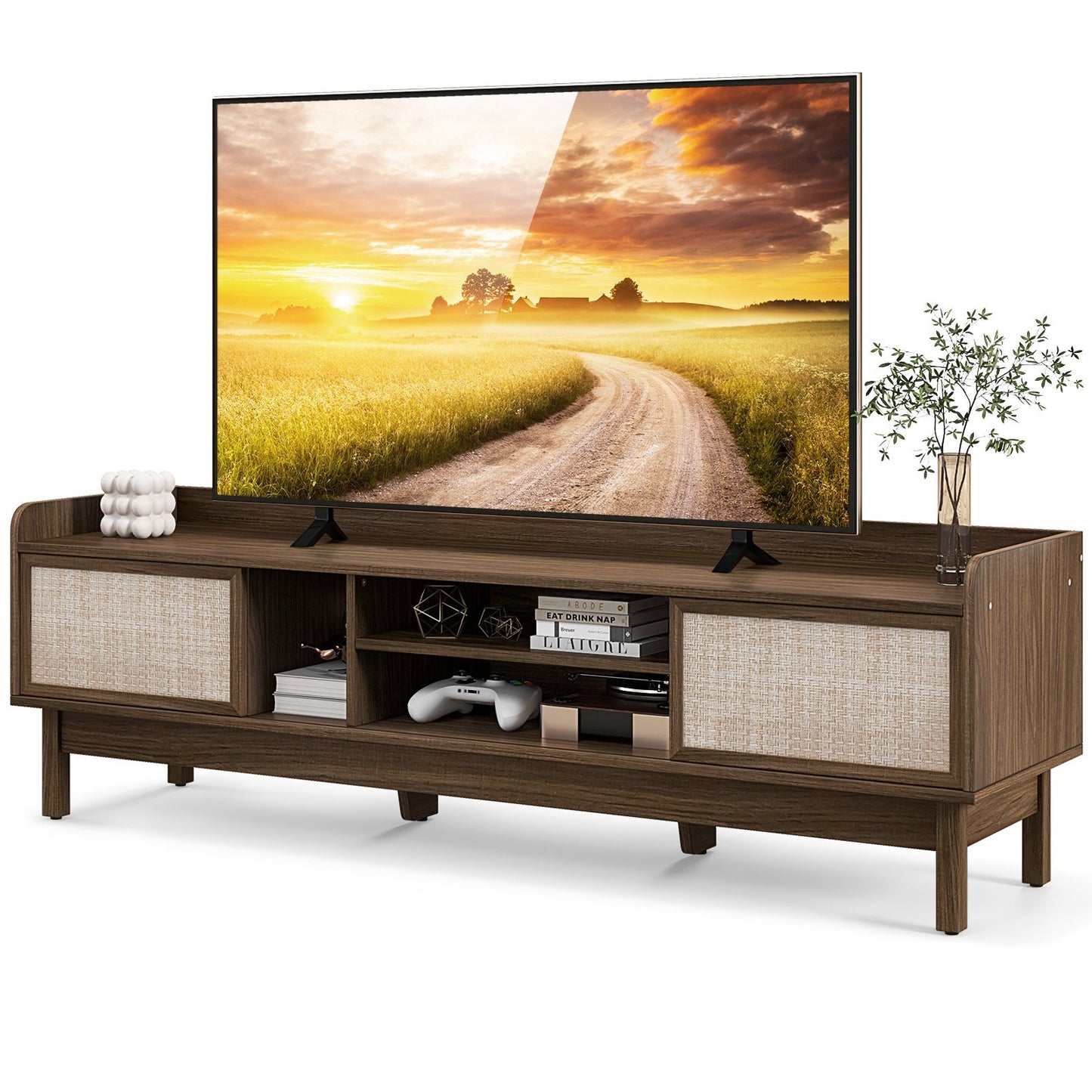 Sliding Door TV Stand for 65" TV with Woven Doors, Walnut Entertainment Centers & TV Stands   at Gallery Canada