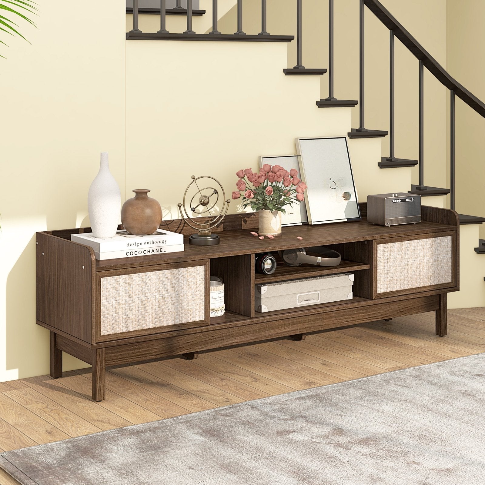 Sliding Door TV Stand for 65" TV with Woven Doors, Walnut Entertainment Centers & TV Stands   at Gallery Canada