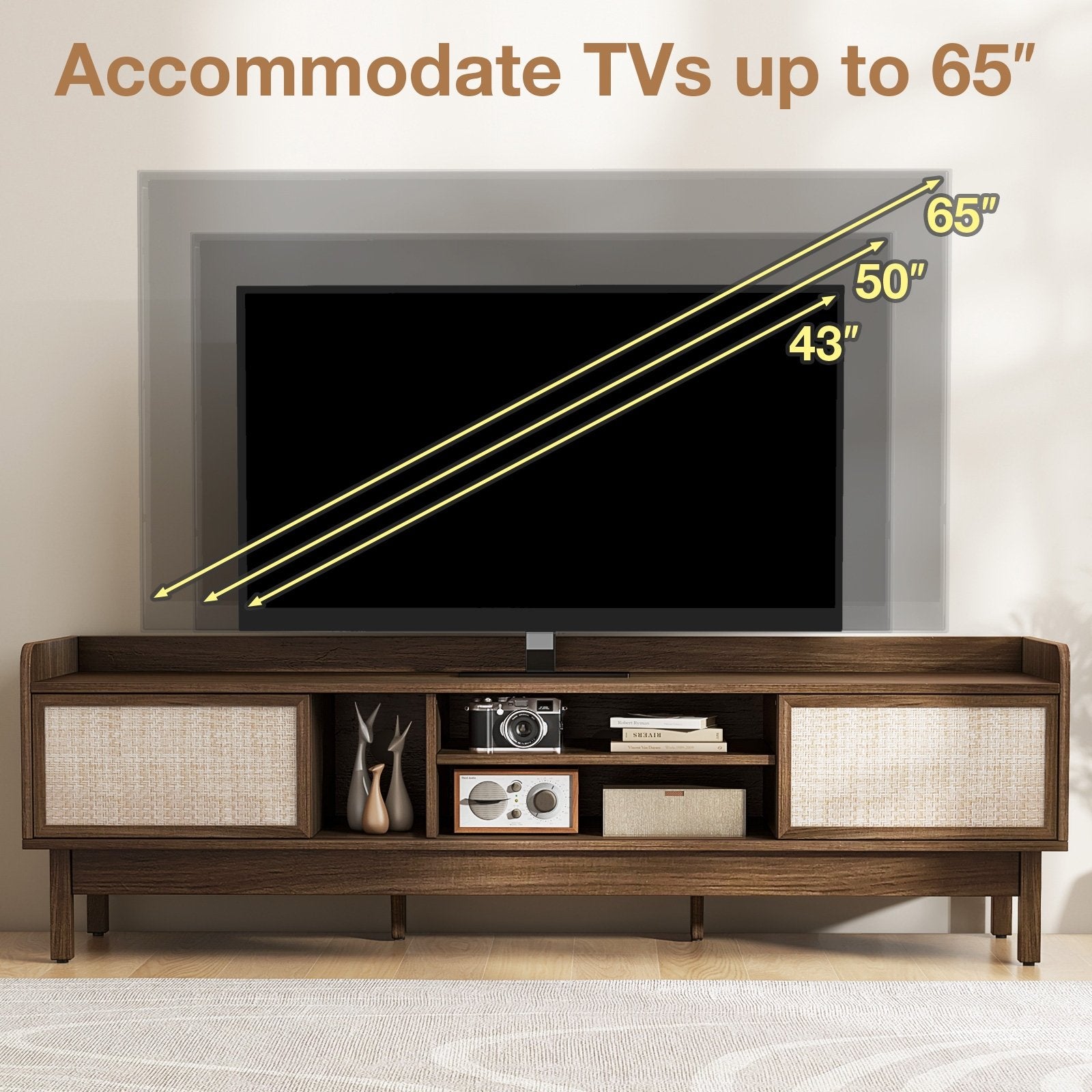 Sliding Door TV Stand for 65" TV with Woven Doors, Walnut Entertainment Centers & TV Stands   at Gallery Canada