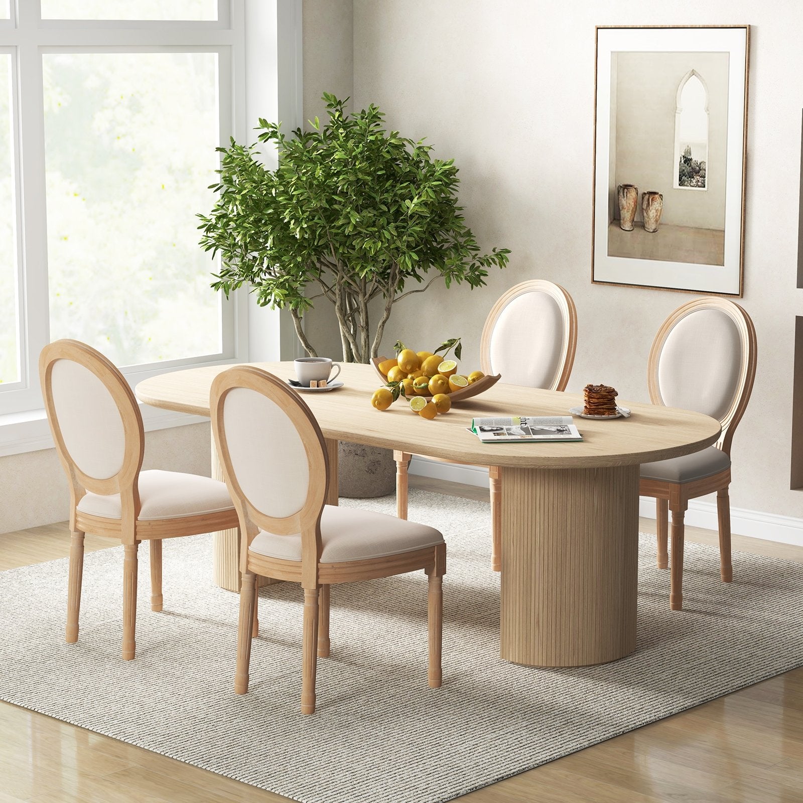 Rubber Wood Kitchen French Dining Chair Set of 2 with Sponge Padding and Round Backrest, Beige Dining Chairs   at Gallery Canada