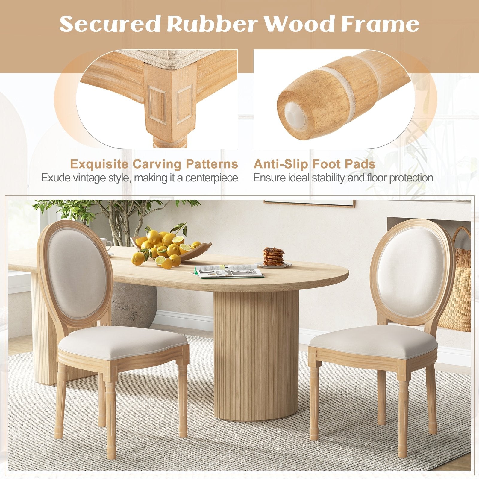 Rubber Wood Kitchen French Dining Chair Set of 2 with Sponge Padding and Round Backrest, Beige Dining Chairs   at Gallery Canada