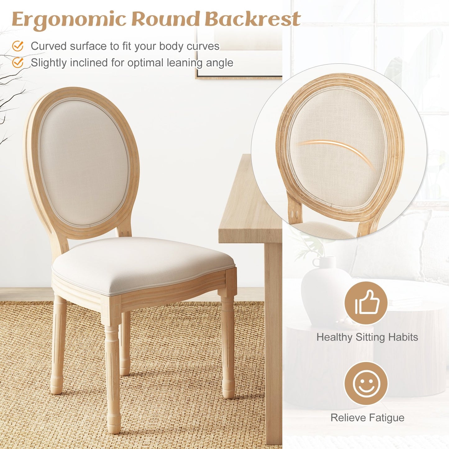 Rubber Wood Kitchen French Dining Chair Set of 2 with Sponge Padding and Round Backrest, Beige Dining Chairs   at Gallery Canada