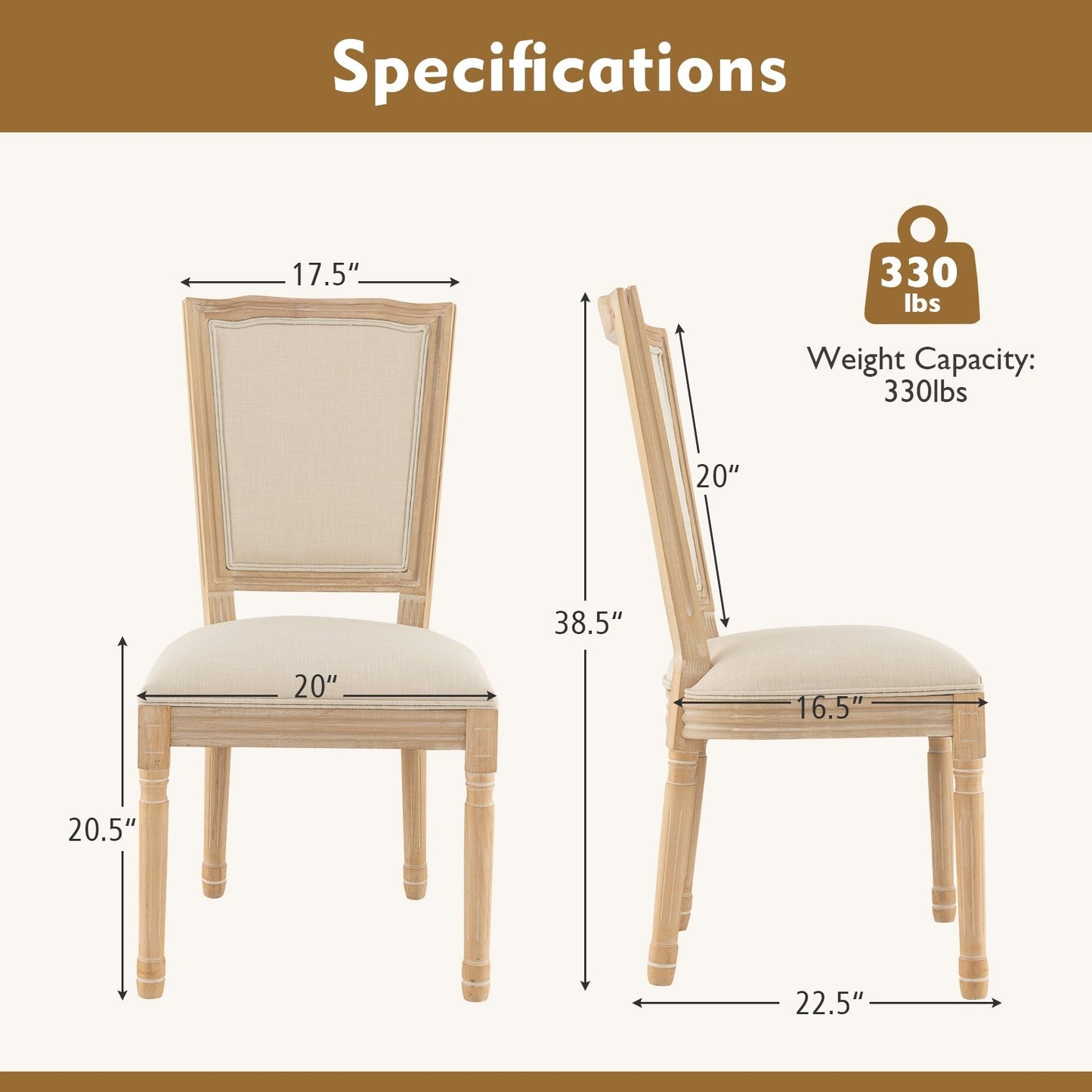 French Dining Chair Set of 2 with Rectangular Backrest and Solid Rubber Wood Frame, Beige Dining Chairs   at Gallery Canada