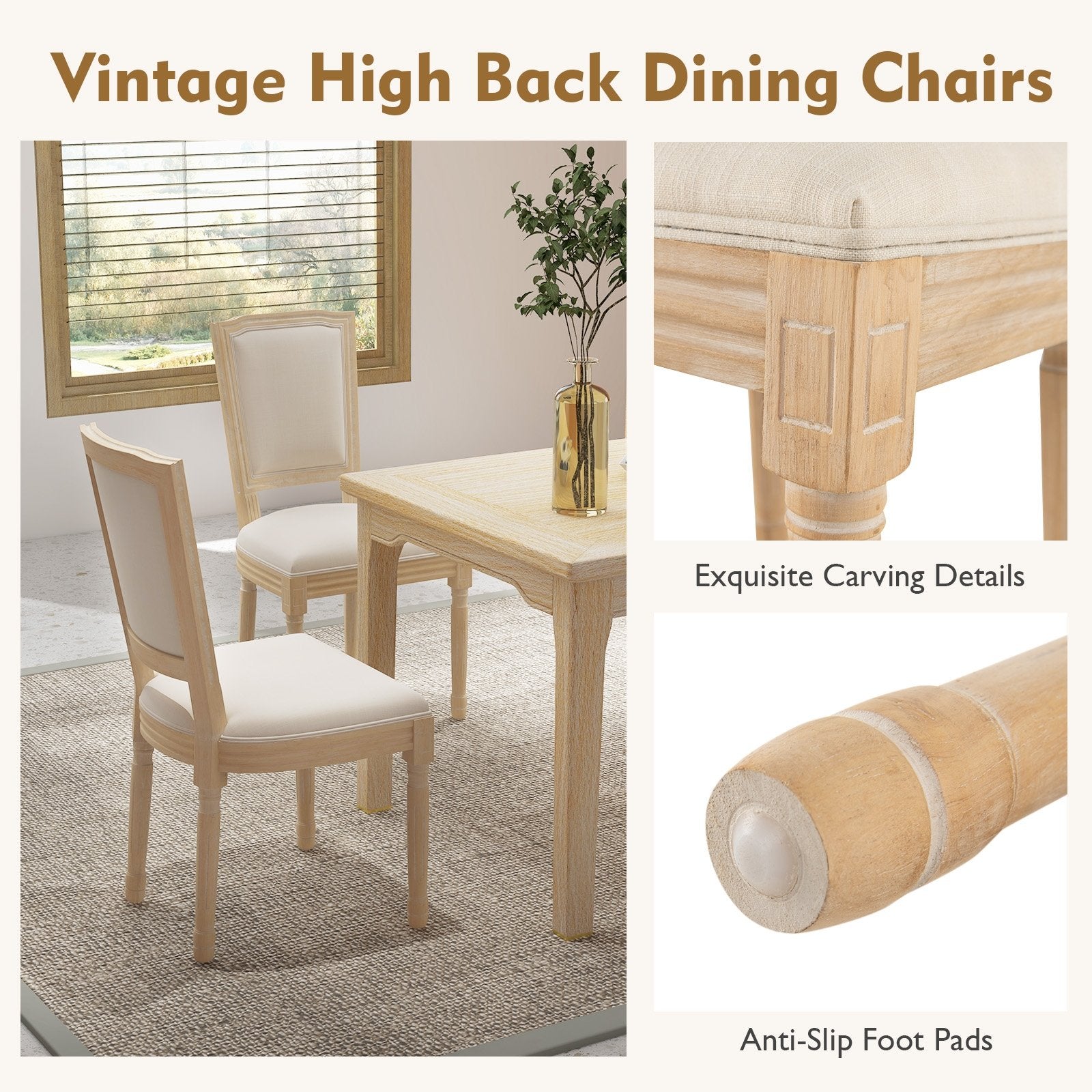 French Dining Chair Set of 2 with Rectangular Backrest and Solid Rubber Wood Frame, Beige Dining Chairs   at Gallery Canada