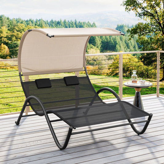 Outdoor Double Chaise Lounge Chair with Sunshade Canopy and Headrest Pillows, Black Outdoor Chaise Lounges   at Gallery Canada