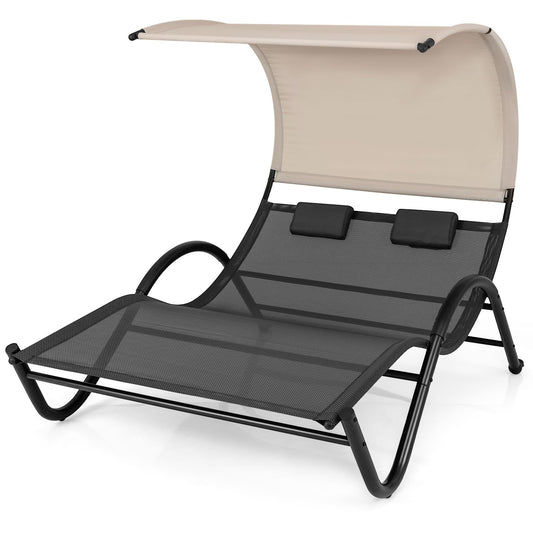 Outdoor Double Chaise Lounge Chair with Sunshade Canopy and Headrest Pillows, Black Outdoor Chaise Lounges   at Gallery Canada