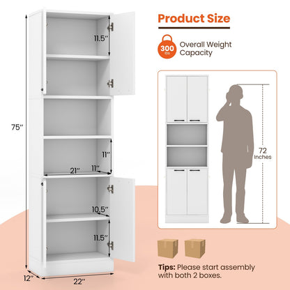 75" Kitchen Pantry Cabinet Tall Cupboard with Doors and Shelves, White Sideboards Cabinets & Buffets   at Gallery Canada