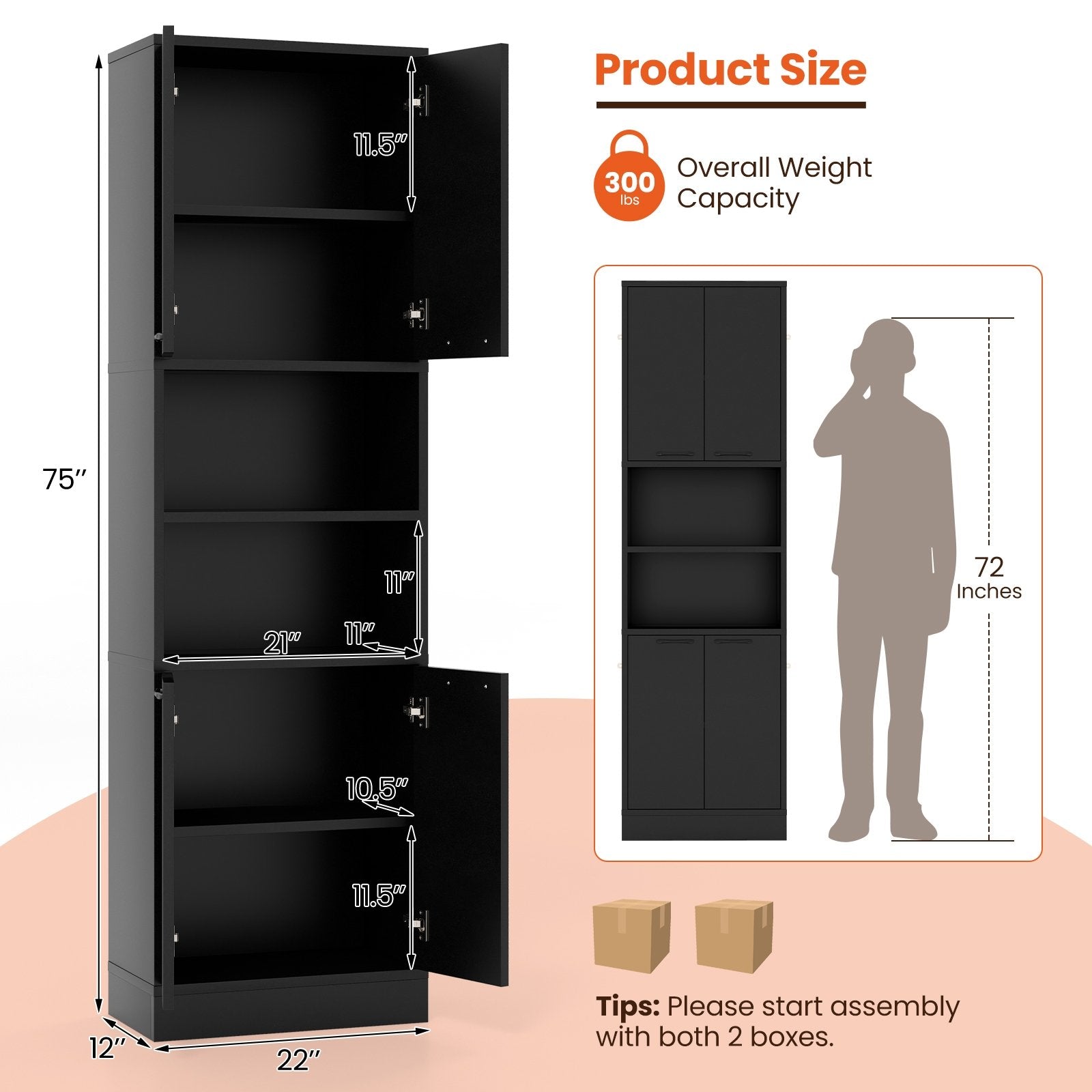 75" Kitchen Pantry Cabinet Tall Cupboard with Doors and Shelves, Black Sideboards Cabinets & Buffets   at Gallery Canada