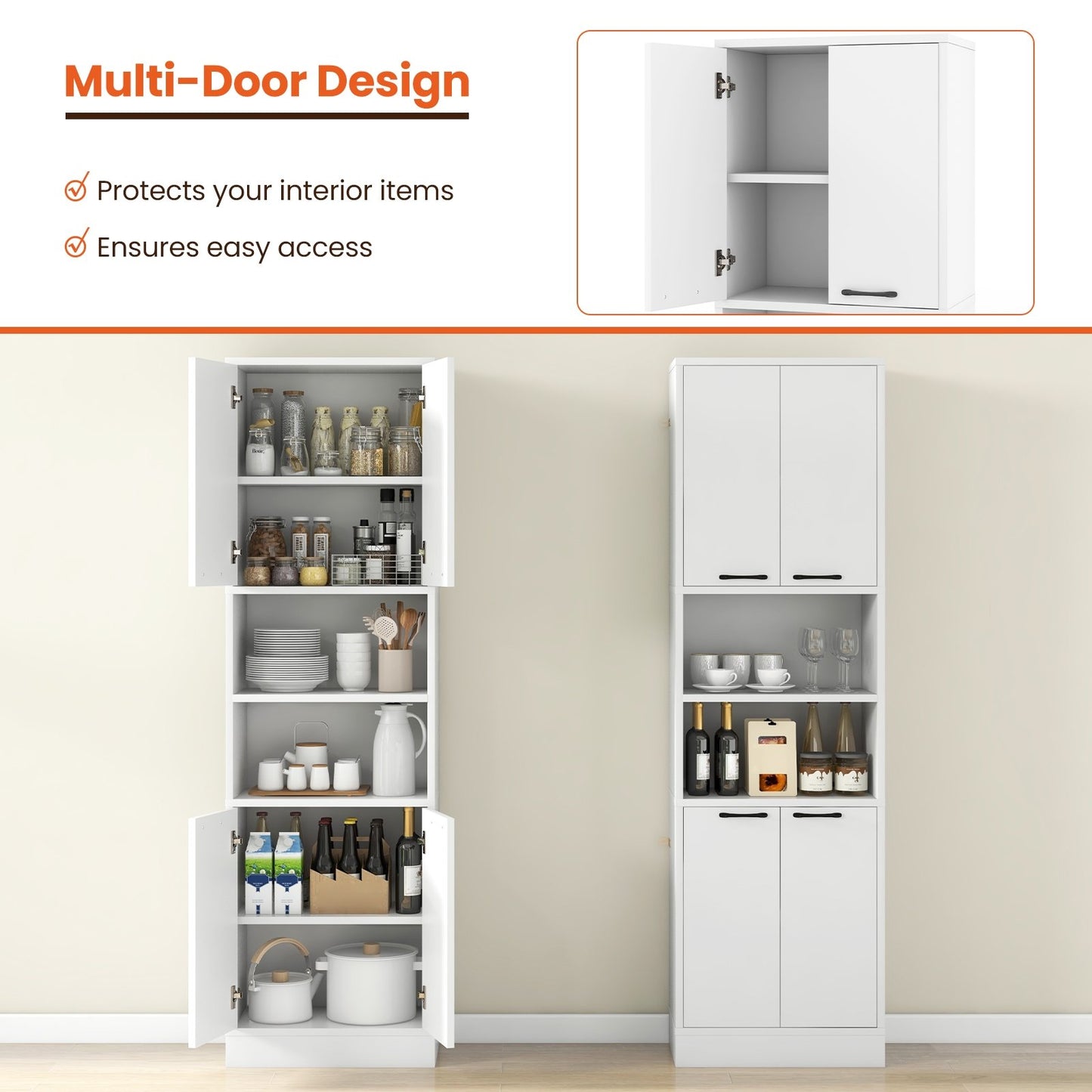 75" Kitchen Pantry Cabinet Tall Cupboard with Doors and Shelves, White Sideboards Cabinets & Buffets   at Gallery Canada