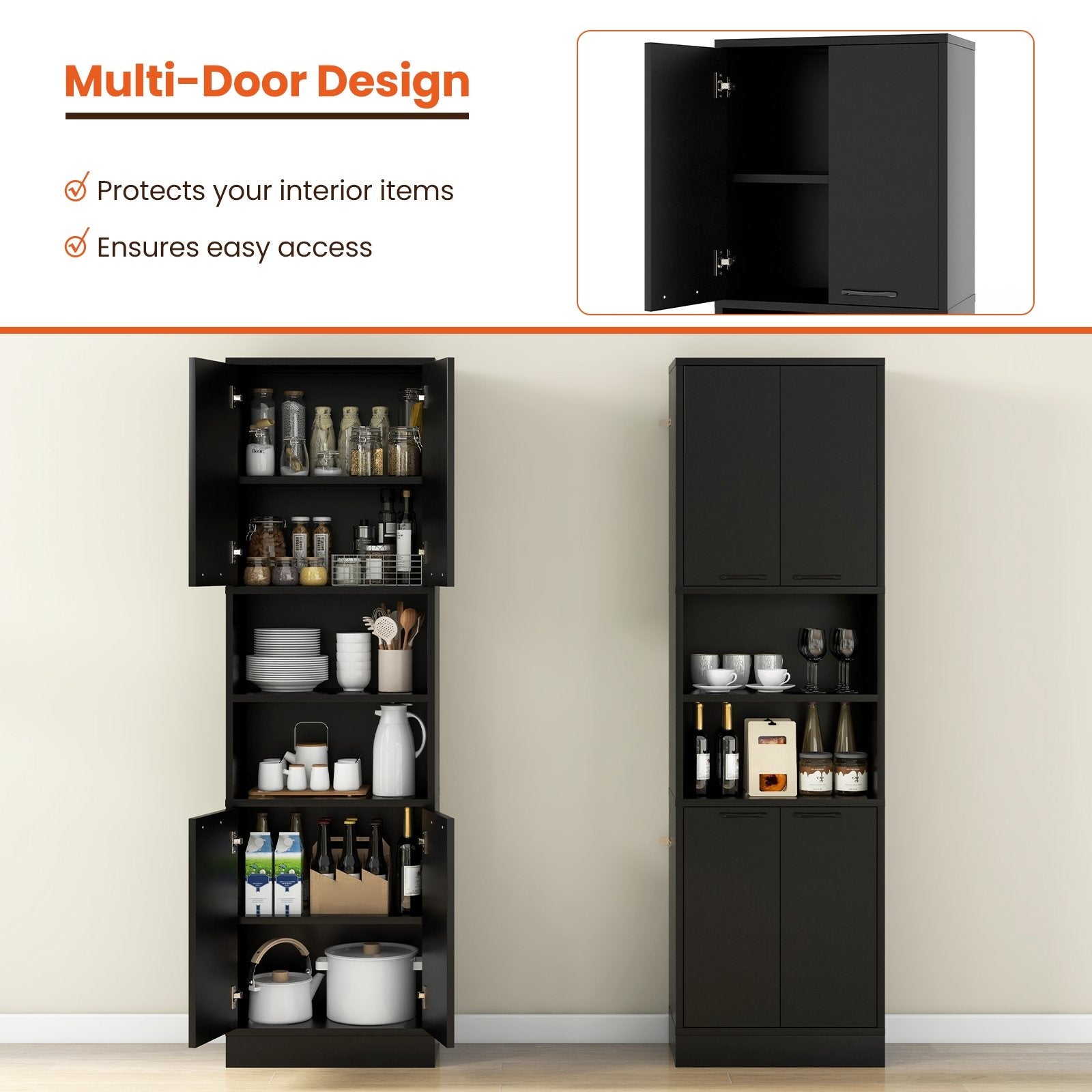 75" Kitchen Pantry Cabinet Tall Cupboard with Doors and Shelves, Black Sideboards Cabinets & Buffets   at Gallery Canada