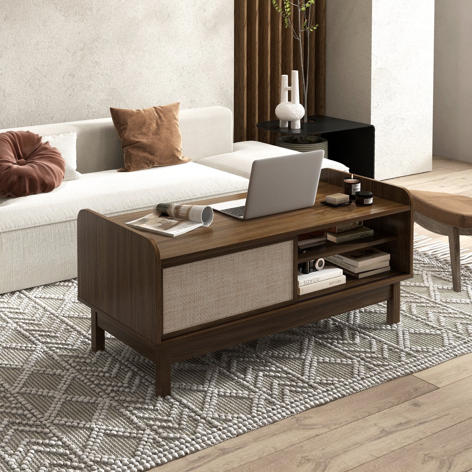 Mid-Century Center Table with Storage and Weaving Sliding Door & Adjustable Shelf, Walnut Entertainment Centers & TV Stands   at Gallery Canada