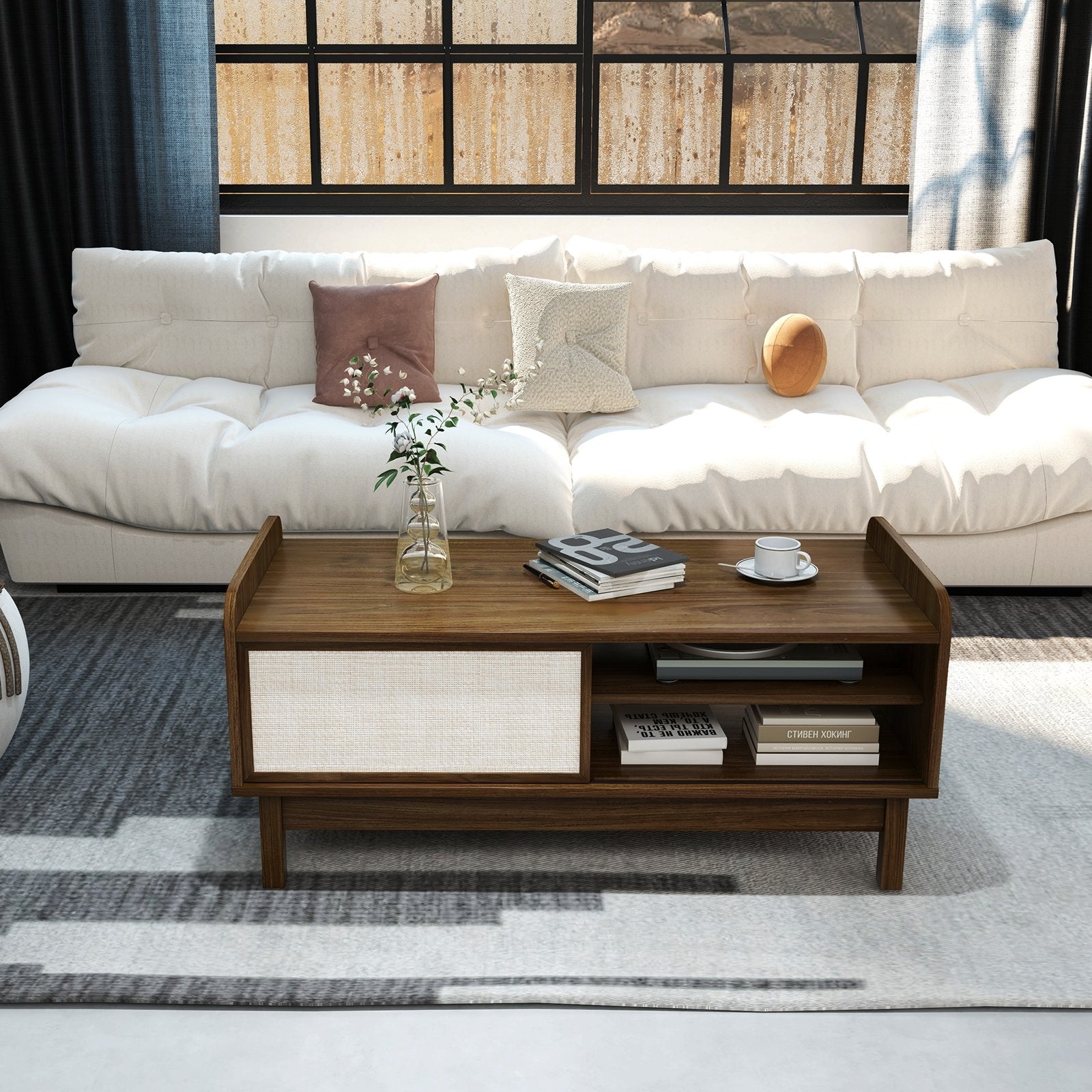 Mid-Century Center Table with Storage and Weaving Sliding Door & Adjustable Shelf, Walnut Entertainment Centers & TV Stands   at Gallery Canada