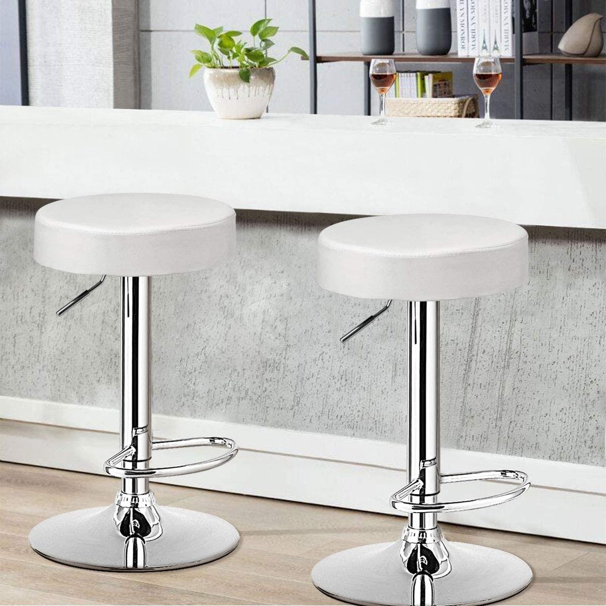 Set of 2 Adjustable Round PU Leather Swivel Barstool with Chrome Footrest, White Bar Stools   at Gallery Canada