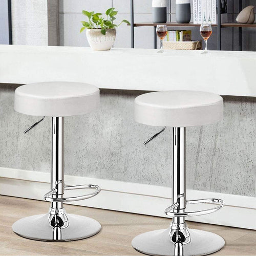 Set of 2 Adjustable Round PU Leather Swivel Barstool with Chrome Footrest, White