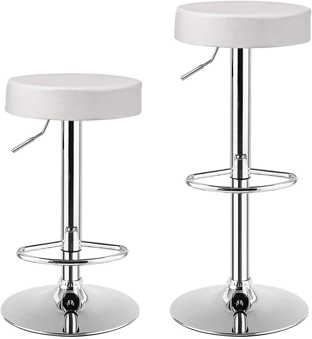 Set of 2 Adjustable Round PU Leather Swivel Barstool with Chrome Footrest, White Bar Stools   at Gallery Canada