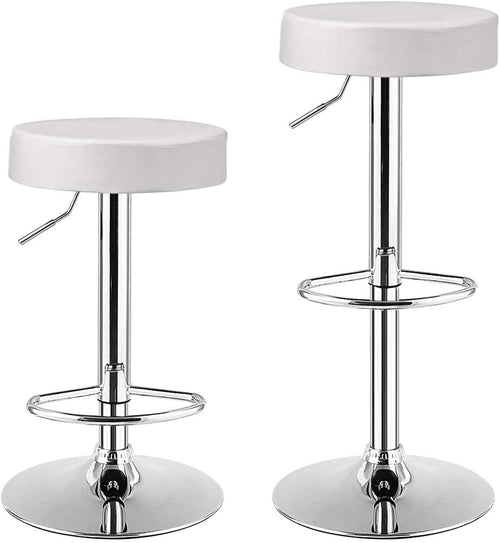 Set of 2 Adjustable Round PU Leather Swivel Barstool with Chrome Footrest, White