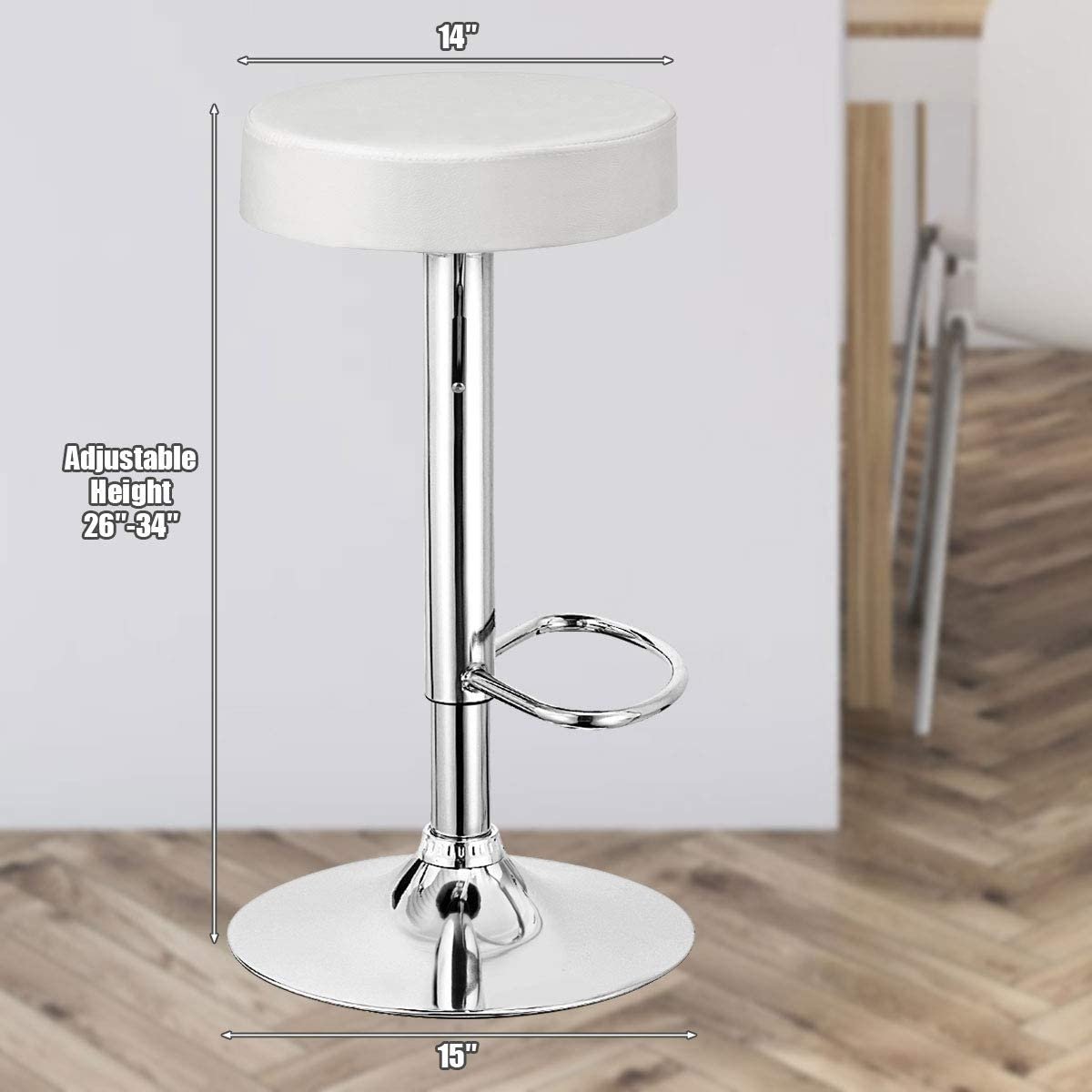 Set of 2 Adjustable Round PU Leather Swivel Barstool with Chrome Footrest, White Bar Stools   at Gallery Canada