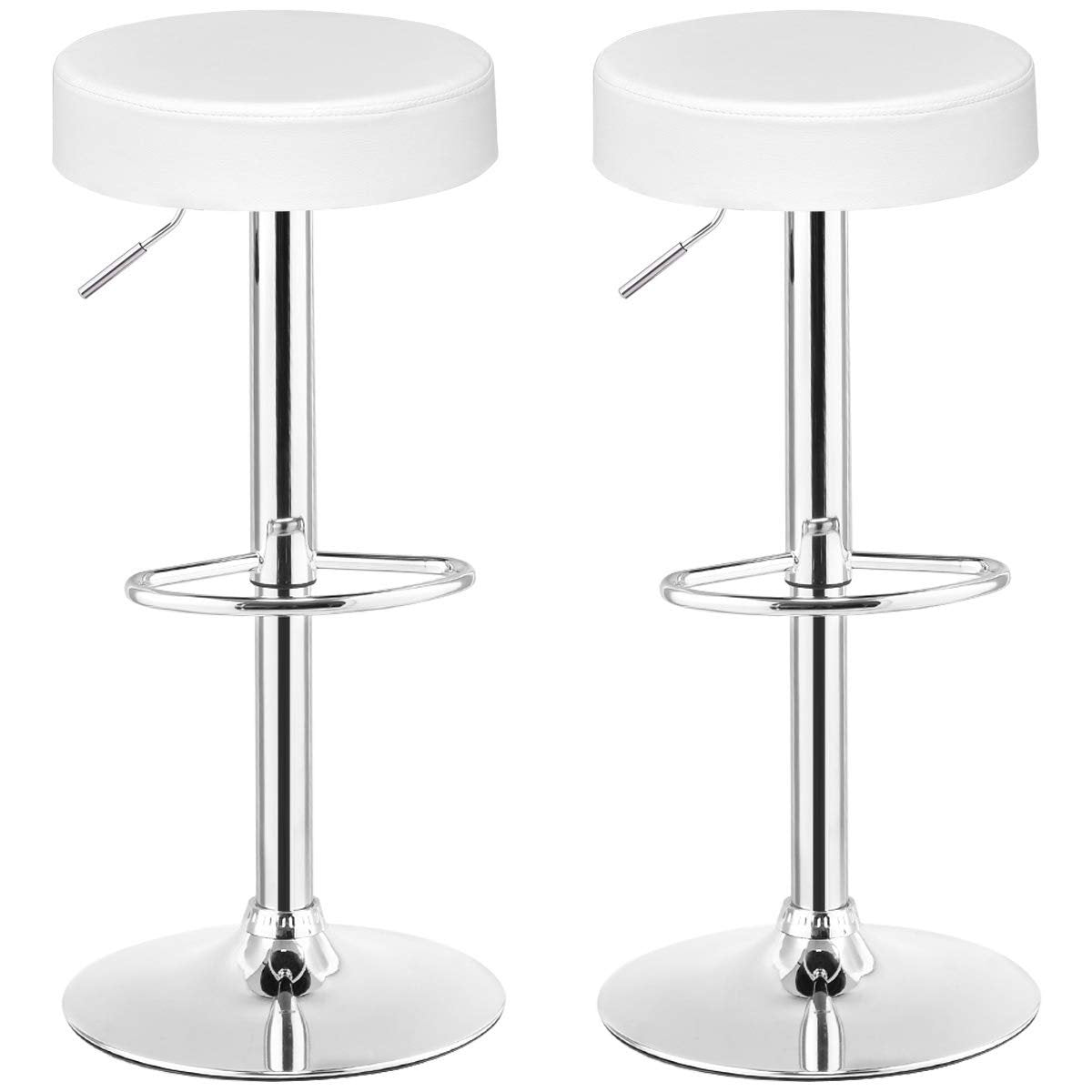 Set of 2 Adjustable Round PU Leather Swivel Barstool with Chrome Footrest, White Bar Stools   at Gallery Canada