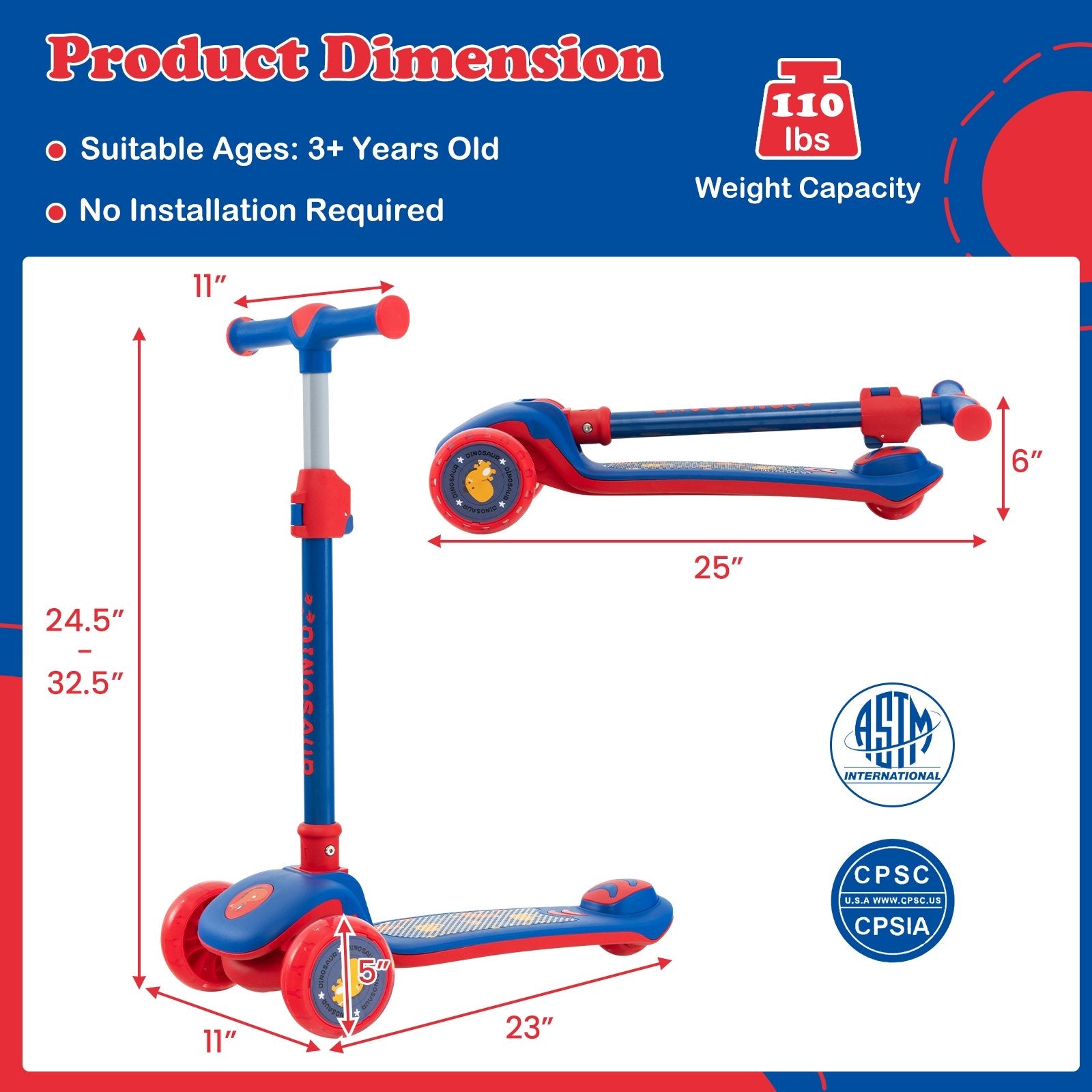 Folding Kids Scooter with Extra Wide Deck and LED Lighted PU Wheels, Blue Scooters   at Gallery Canada