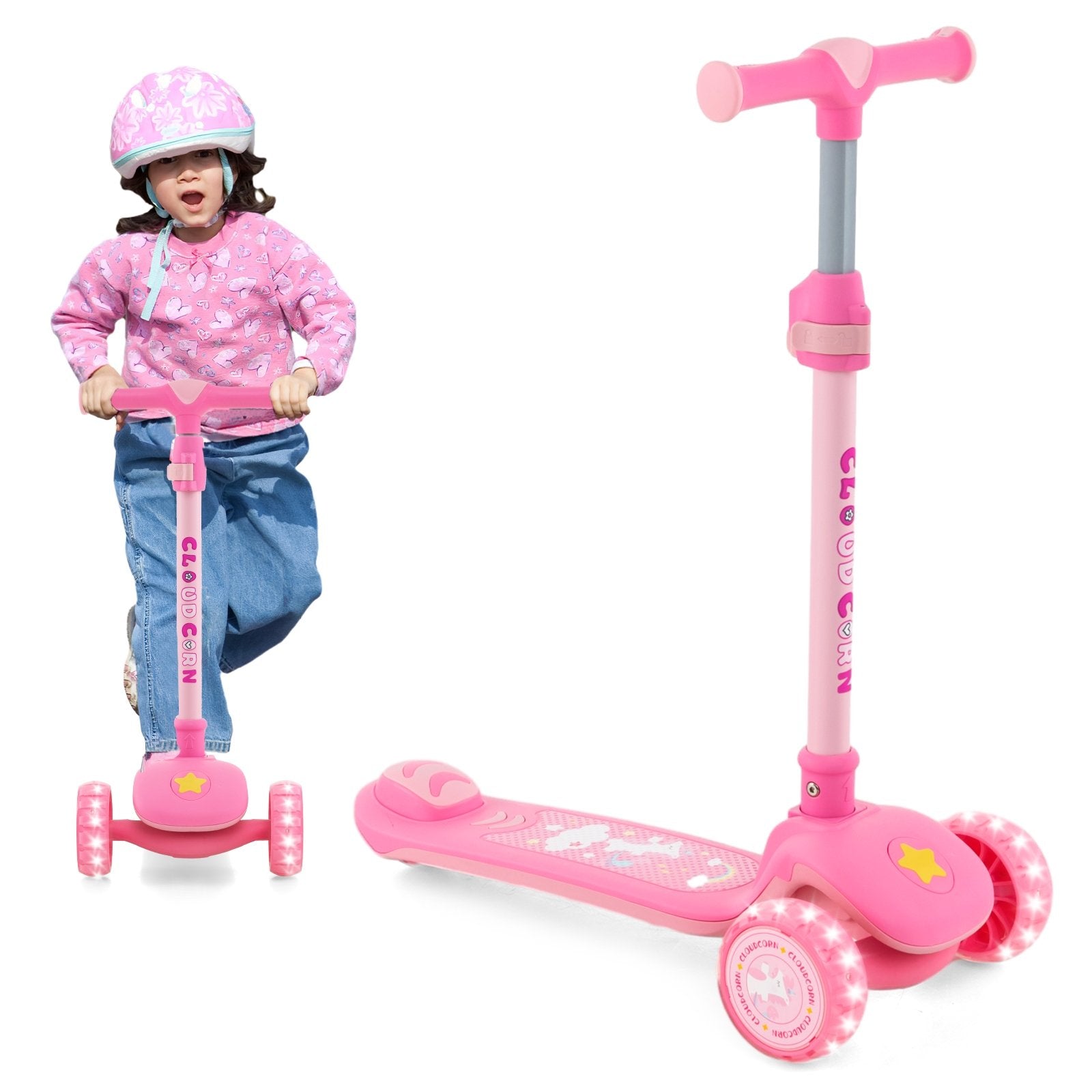 Folding Kids Scooter with Extra Wide Deck and LED Lighted PU Wheels, Pink Scooters   at Gallery Canada