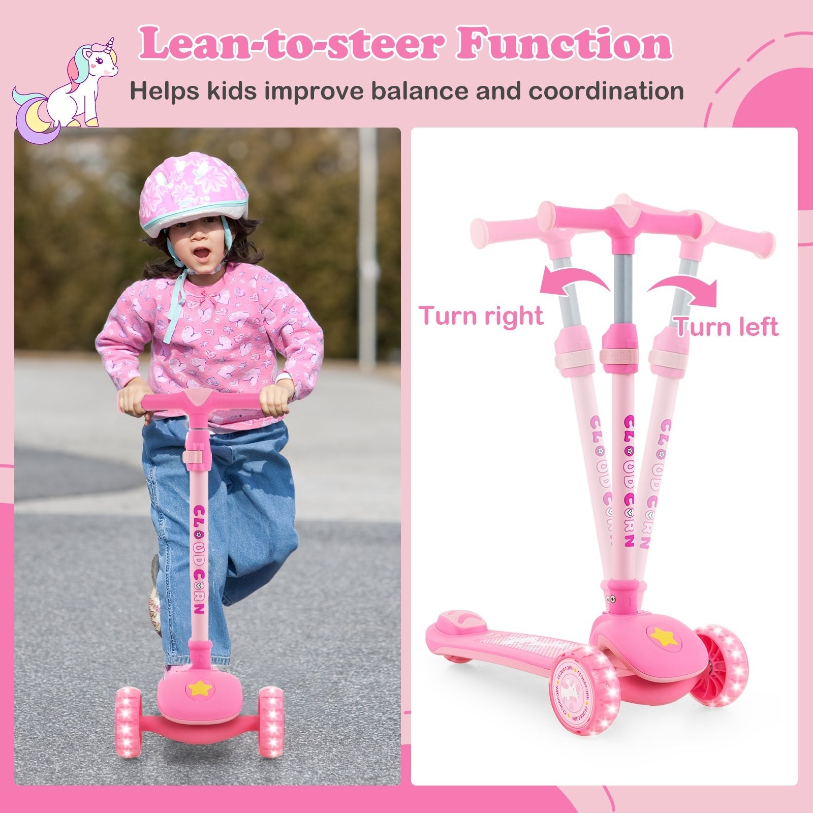 Folding Kids Scooter with Extra Wide Deck and LED Lighted PU Wheels, Pink Scooters   at Gallery Canada