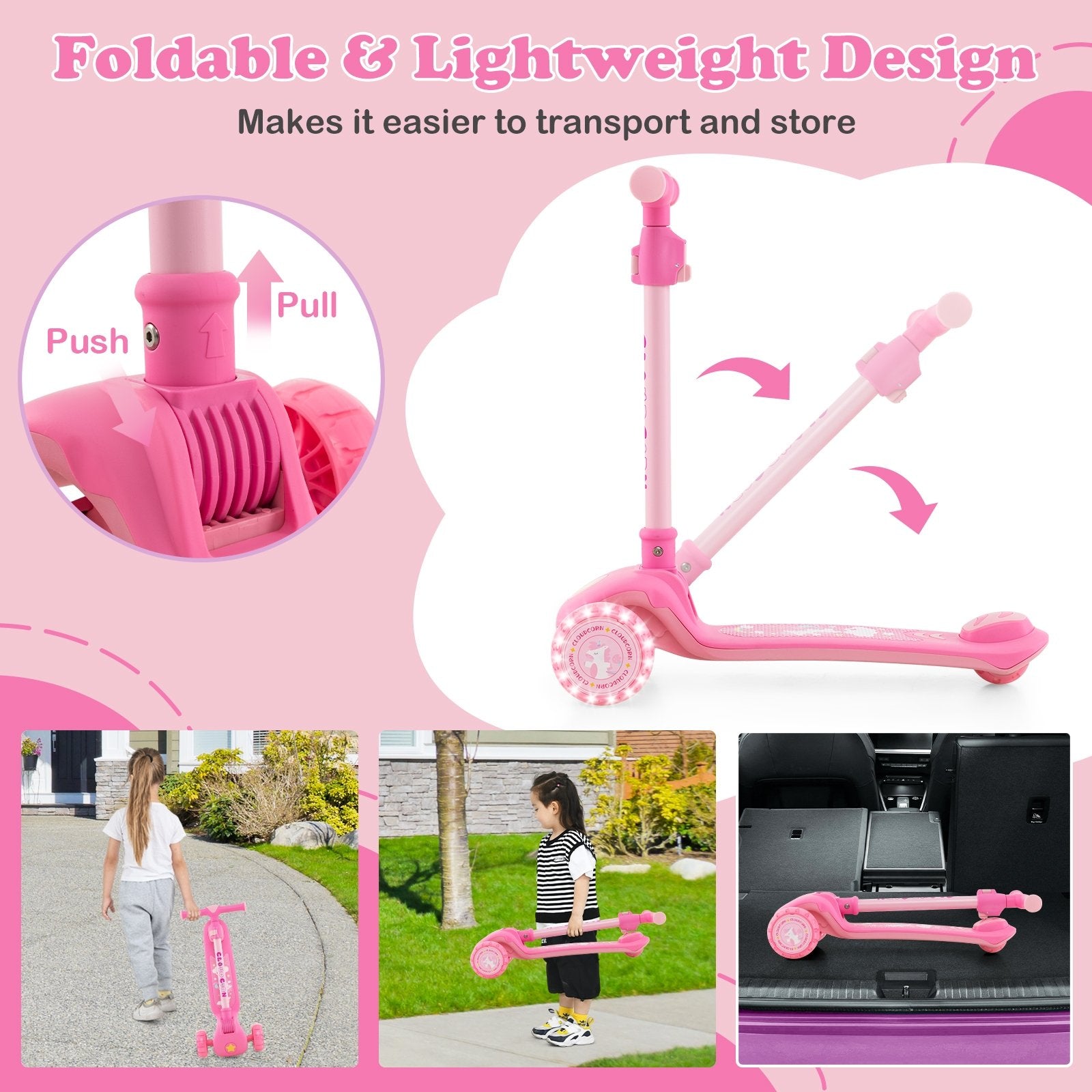 Folding Kids Scooter with Extra Wide Deck and LED Lighted PU Wheels, Pink Scooters   at Gallery Canada